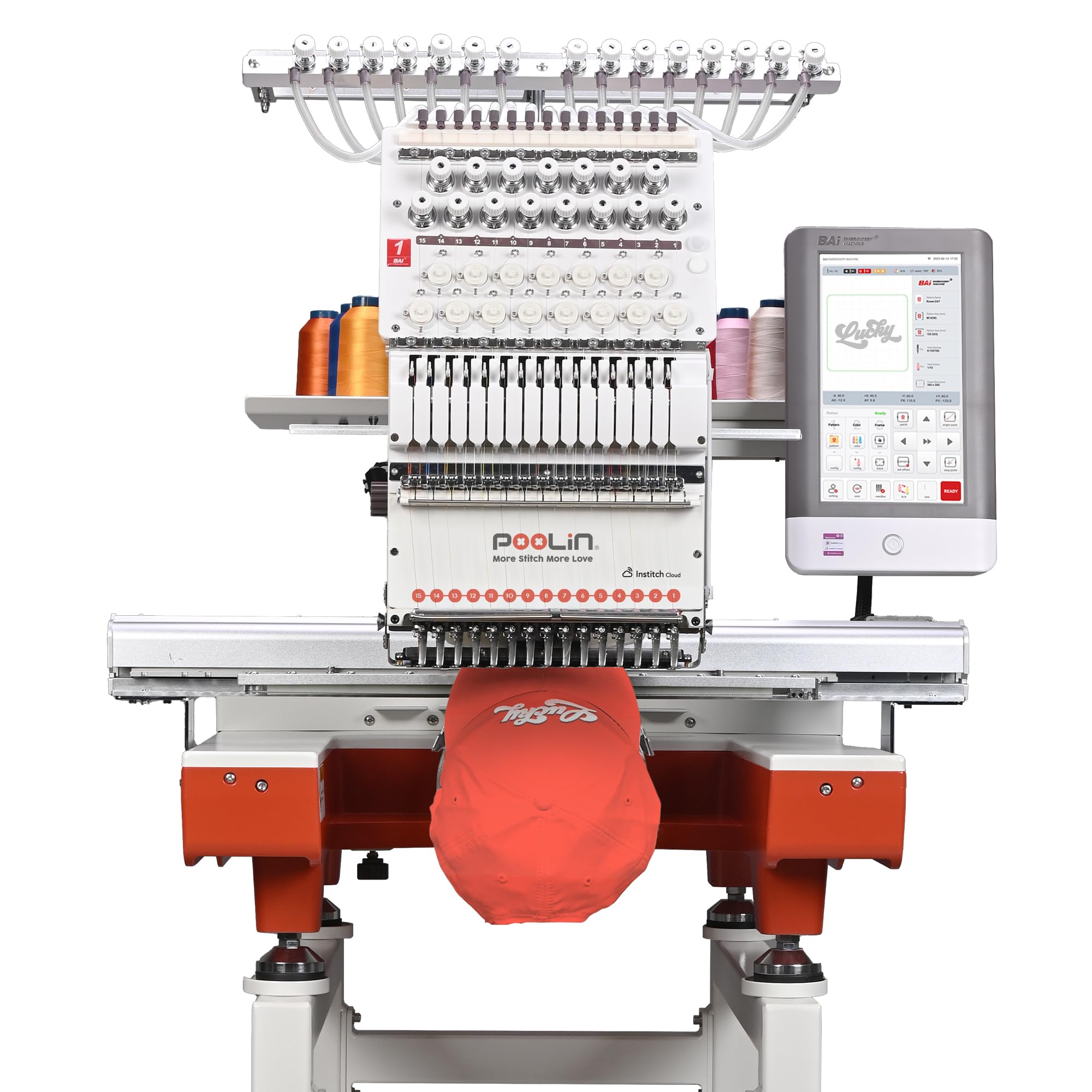 PooLin EOX Embroidery Machine 15 Needles 14x20 inch Area, Full Metal Body 1200spm Auto Color Change & Thread Trimming, WiFi Upload, for Cap Hoodie T-Shirt Jacket Pants, Full Accessories & Training