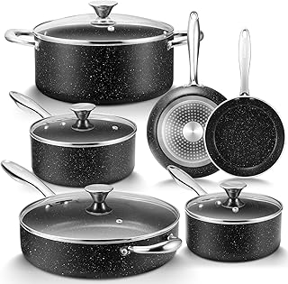 Fadware Pots and Pan Set, Induction Hob Pan Set Non-Stick, Nonstick Granite-Coated Cookware, 10-Piece Frying Pan and Saucepan Set with Lids, Suitable for All Stove Hobs, Black