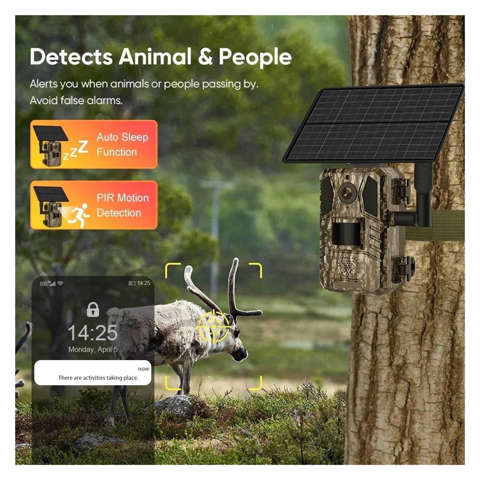 Cámara Vida Silvestre Cámara De Rastreo For Caza Solar, Tarjeta SIM 4G 14MP, IP66, Resistente Al Agua, 20M, Detección Movimiento PIR, Vida Salvaje, Visión Nocturna IR(4G Camera Add 32G)