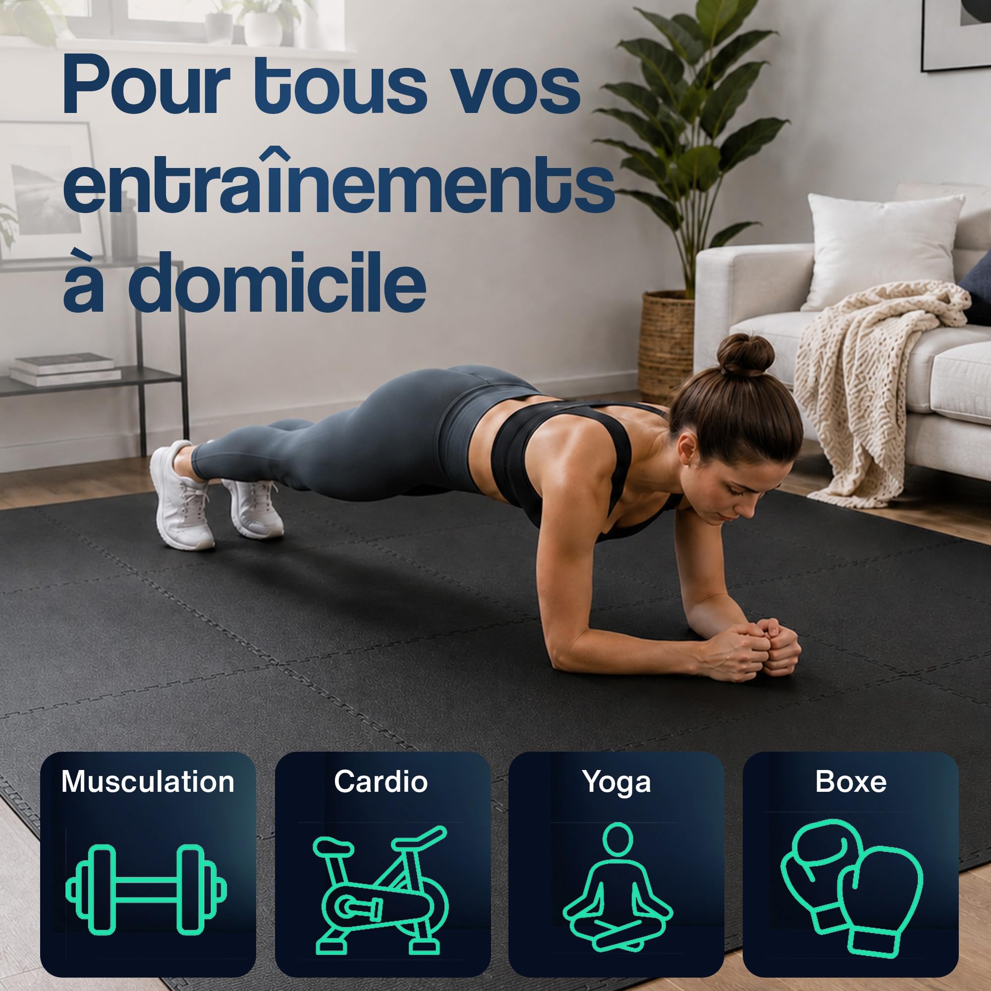 Hulser Tapis puzzle de fitness - 60 x 60 x 1,2 cm - Tapis de protection de sol pour salles de sport et maison - Pour appareils de fitness - d'entraînement