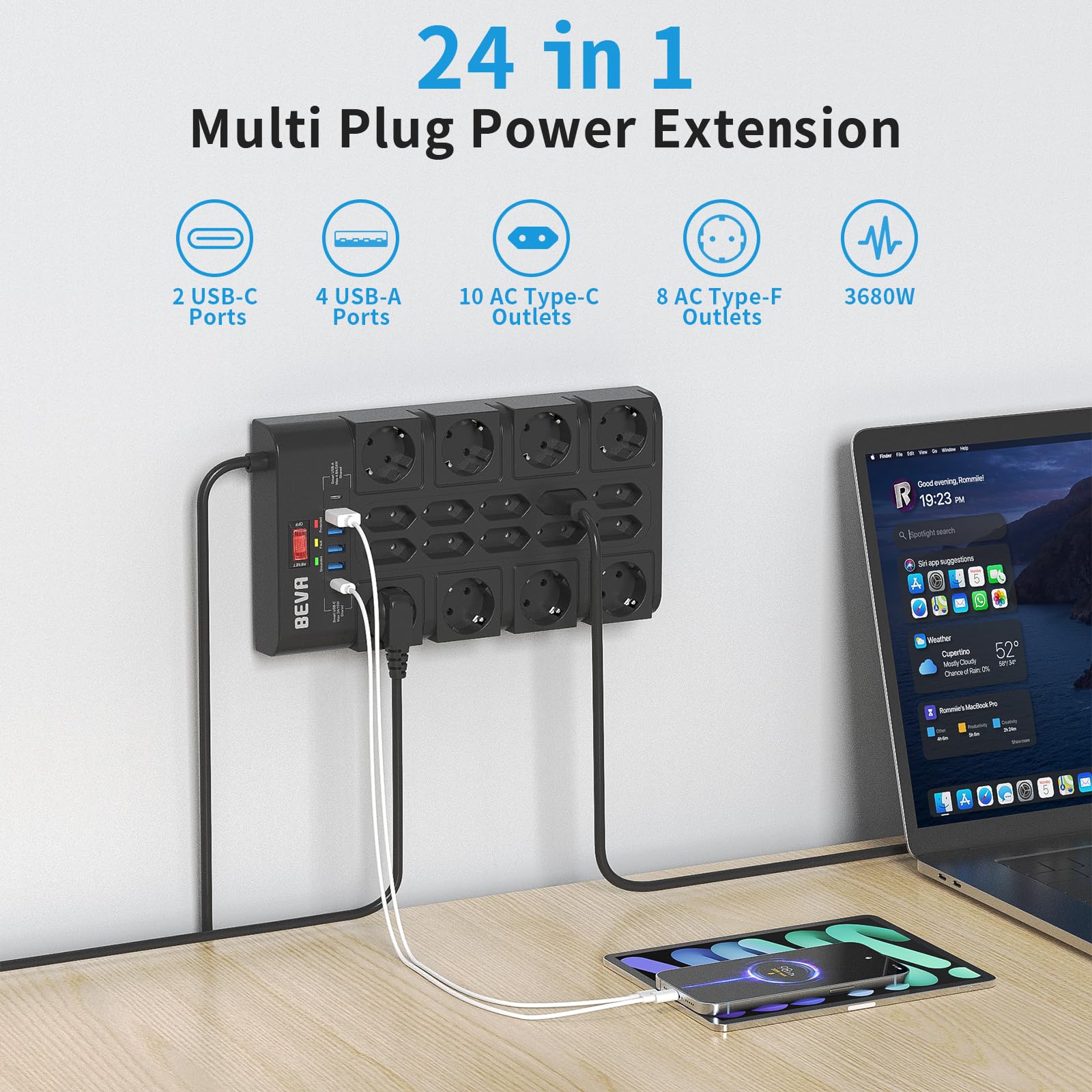 BEVA Ciabatta Elettrica 3680W/16A, Multipresa con 18 Prese CA, 4 Porte di Ricarica USB-A e 2 USB-C, Ciabatta Elettrica con Indicatore di Stato e Protezione Dalle Sovratensioni 2M Cavo