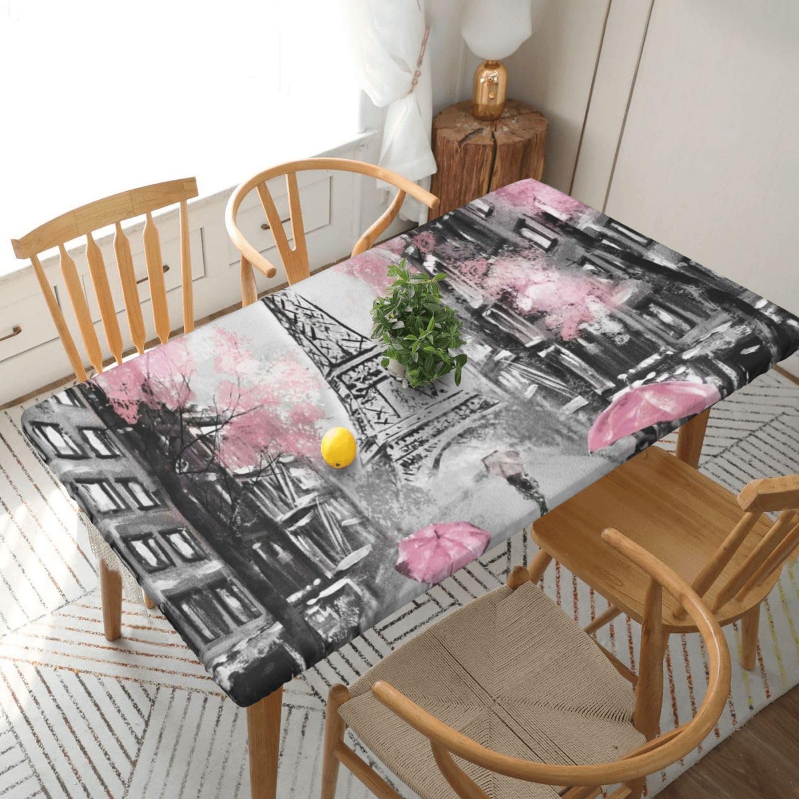 BNVSADC Paris Street Eiffel Tower Pink Floral Printed 5FT Tablecloth Polyester Kitchen Water Resistant Table Cloth Dining Table Decoration Table Covers, 152x76 CM