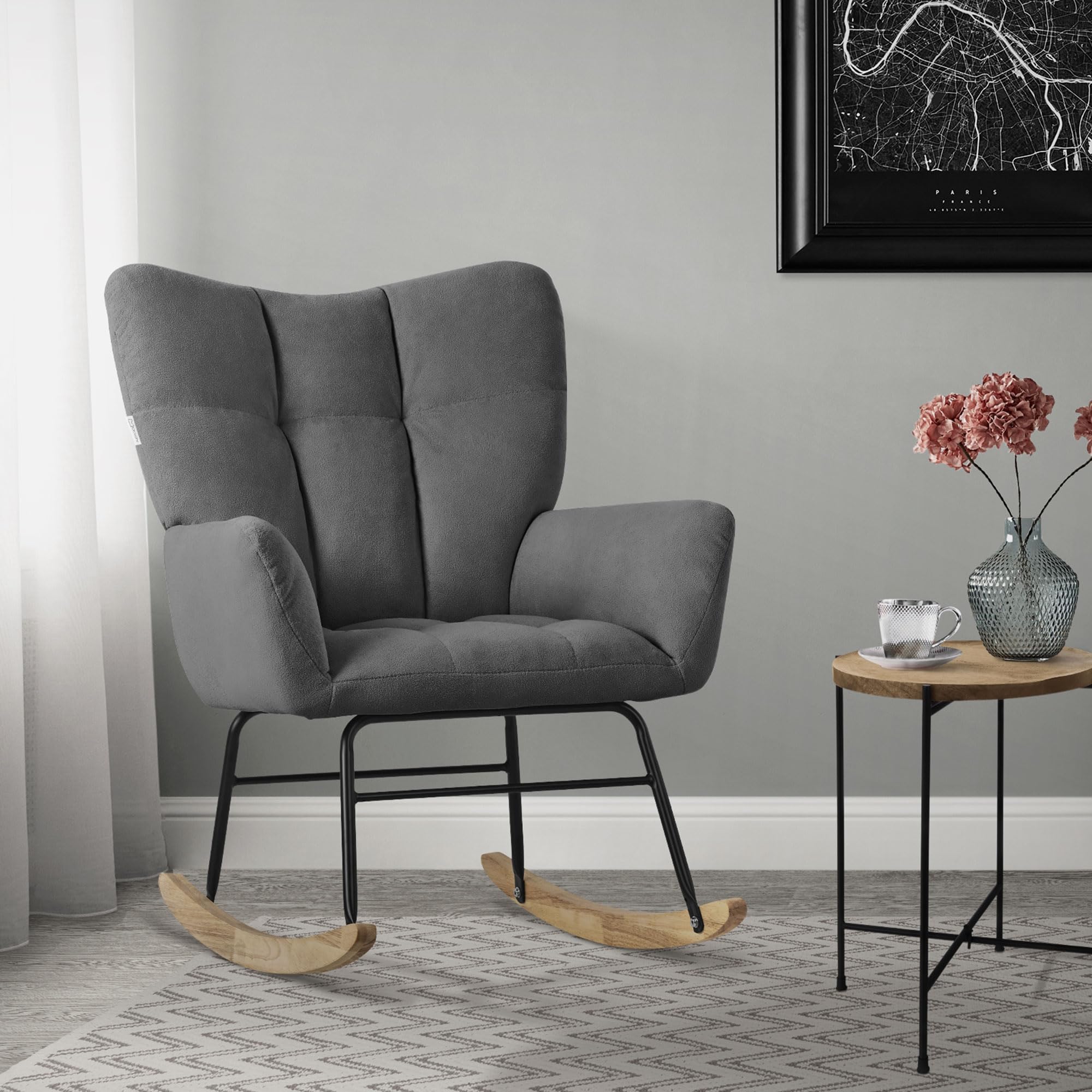ML-Design fotel bujany ciemnoszary z pokryciem frotte tapicerowany z drewnianymi prowadnicami lezanka z podlokietnikami do salonu sypialni i balkonu rozkladany fotel