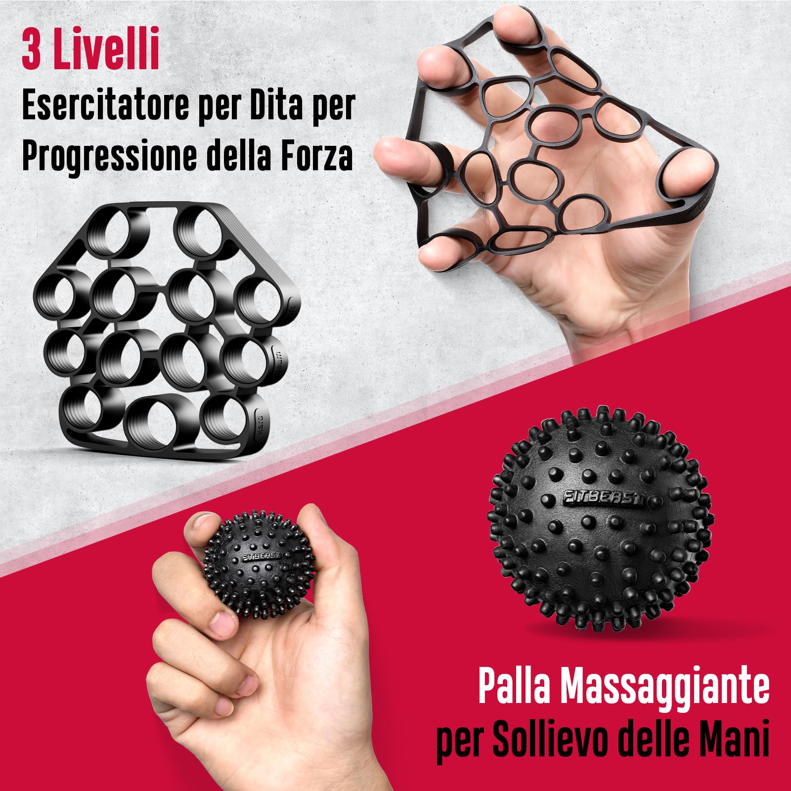 FitBeast Allenatore di Presa, Kit Rafforzatore Mani - 6 Pezzi con Resistenza Regolabile, Esercitatore Avambraccio e Sfere Massaggianti per Terapia della Mano, Allenamento e Recupero
