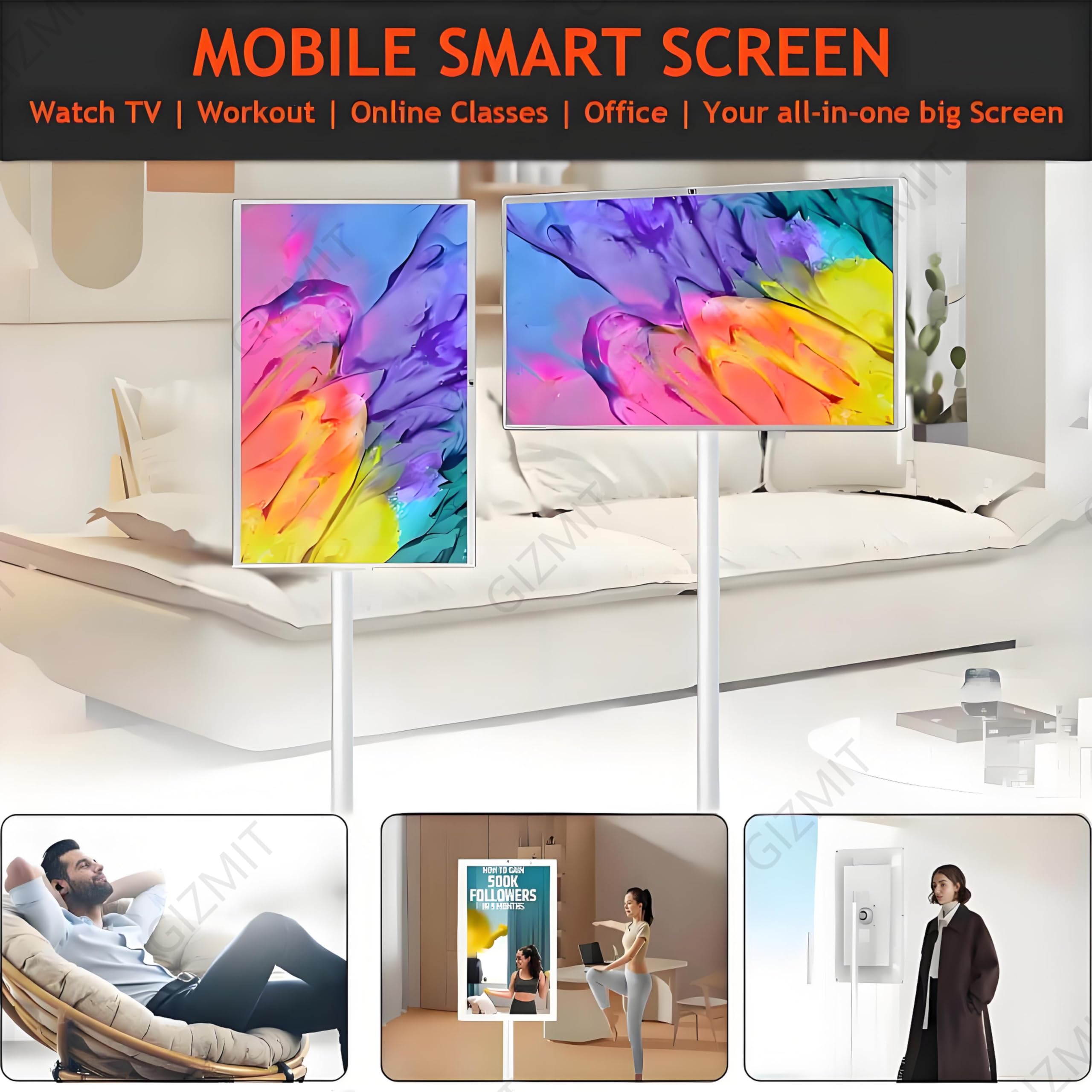 Smart TV Portatile FHD, TV Portatile con Ruote, Android 13, Monitor Touch Screen Portatile, Fotocamera da 13 MP, Batteria Integrata, con Telecomando, per casa, Ufficio, Palestra 8+128G-27Inch