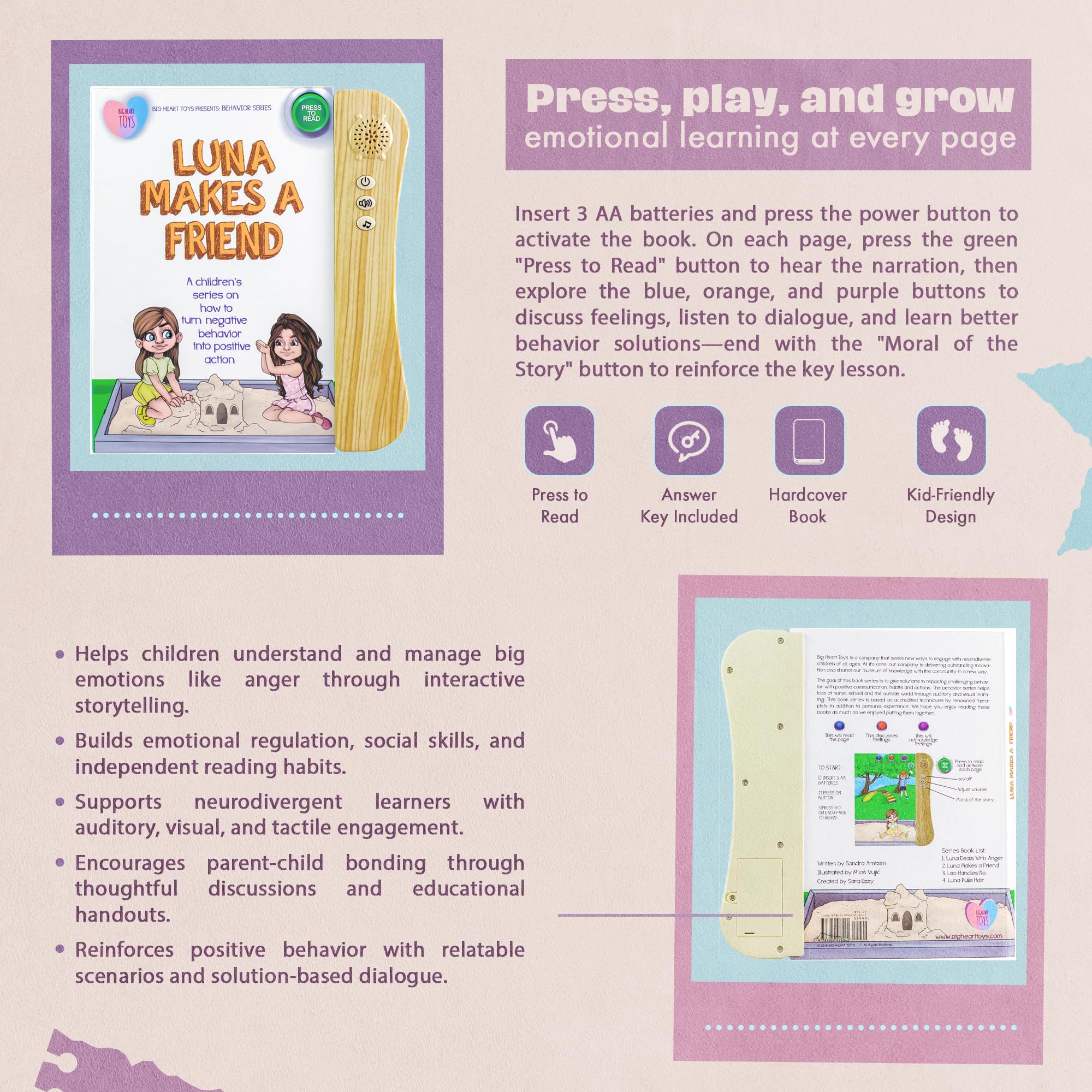 Big Heart Toys Luna Makes a Friend Sound Book for Kids with Autism | Montessori Autism Sensory books | Builds Social Skills, Emotional Learning & Communication | Neurodivergent Children's sound Books