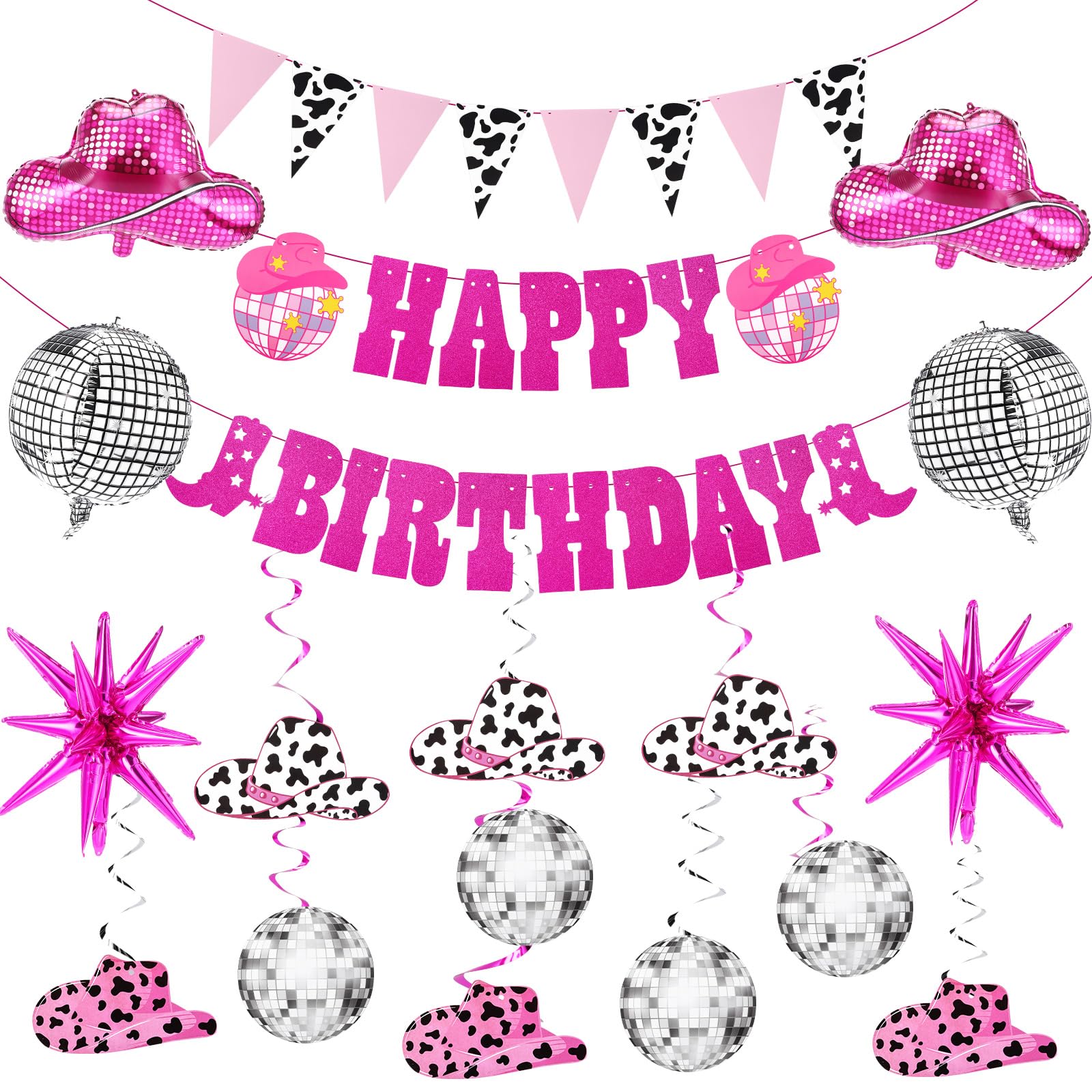 Halloscume 29 Pcs Disco Cowgirl Birthday Party Decorations Western Cowgirl Balloons Hot Pink Hanging Banner Swirl Cowboy Hat Ceiling Streamers for