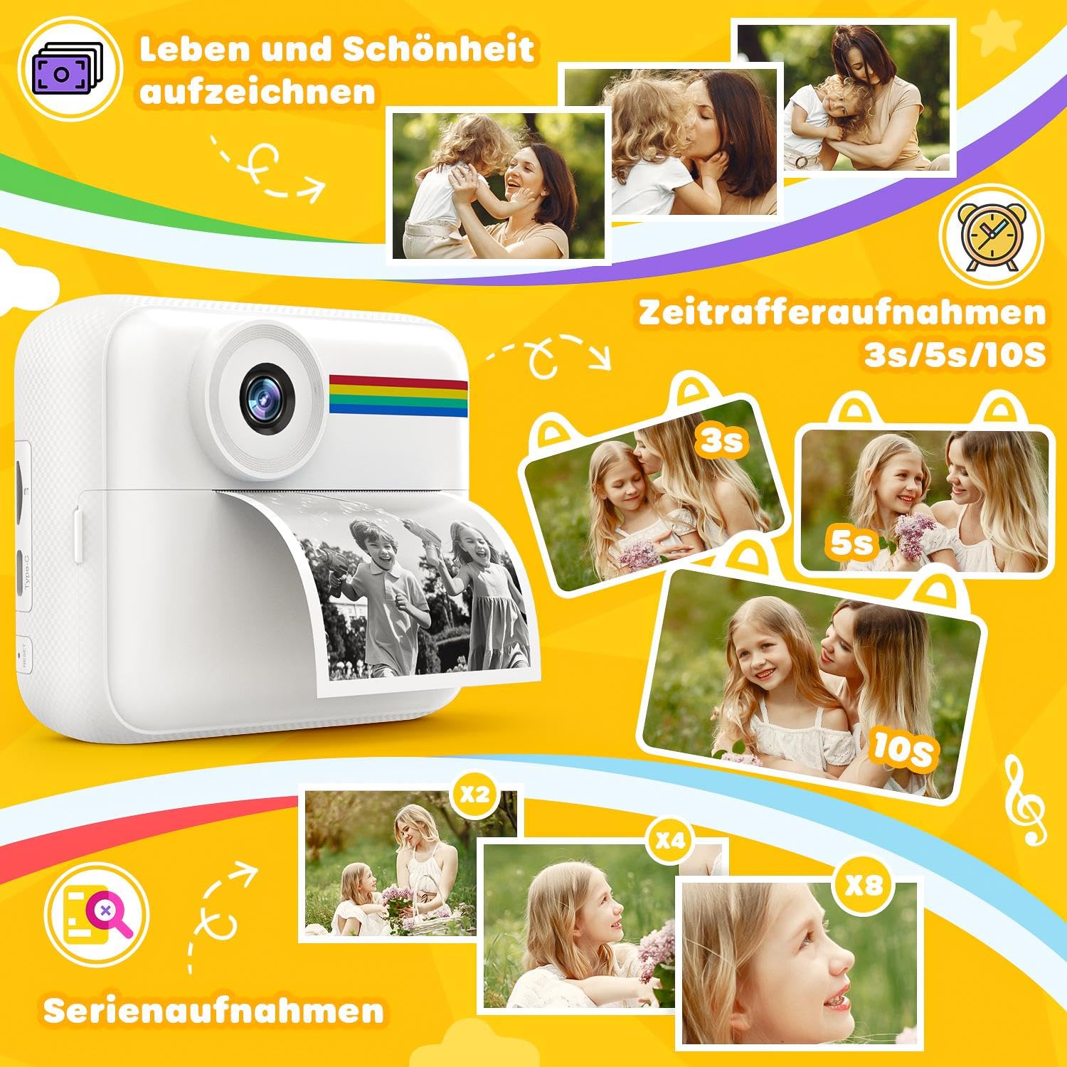 Kinderkamera 48MP mit 2.4 Zoll HD Bildschirm 1080P Video Sofortdruck 32GB Speicherkarte