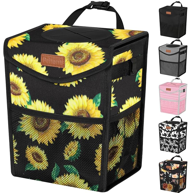 Lixeira automotiva dobrável Pritent com tampa, revestimento PEVA e bolsos em tela, 10,6 L, estampa Sunflower