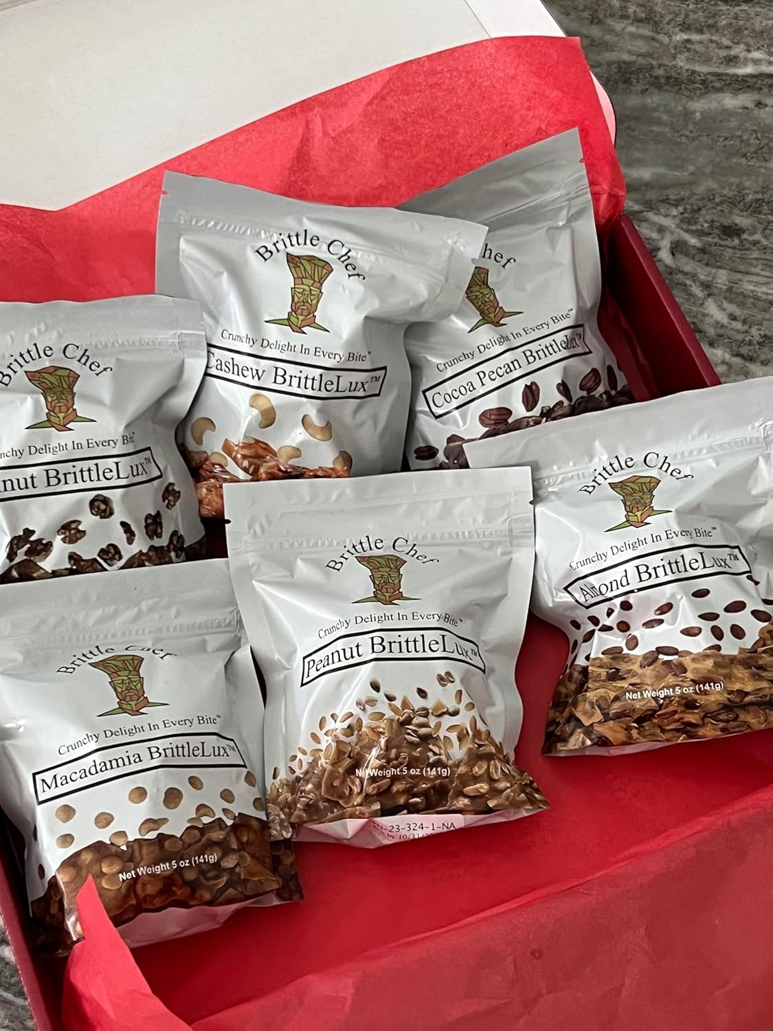 Best by 10/31/25 BrittleChef Crunchy Delight BrittleLux Variety Pack - Cashew, Peanut, Almond, Macadamia, Cocoa Pecan, Walnut, 5 oz Bags