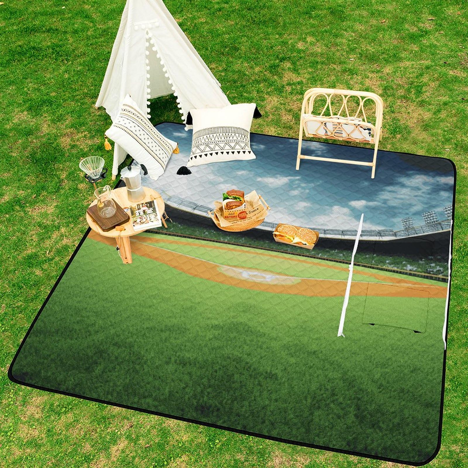 Coperta da picnic con sfondo verde da campo da baseball, lavabile in lavatrice, 200 cm x 200 cm, coperta da spiaggia compatta, pieghevole, impermeabile e anti-sabbia, extra large, tappetino da esterno