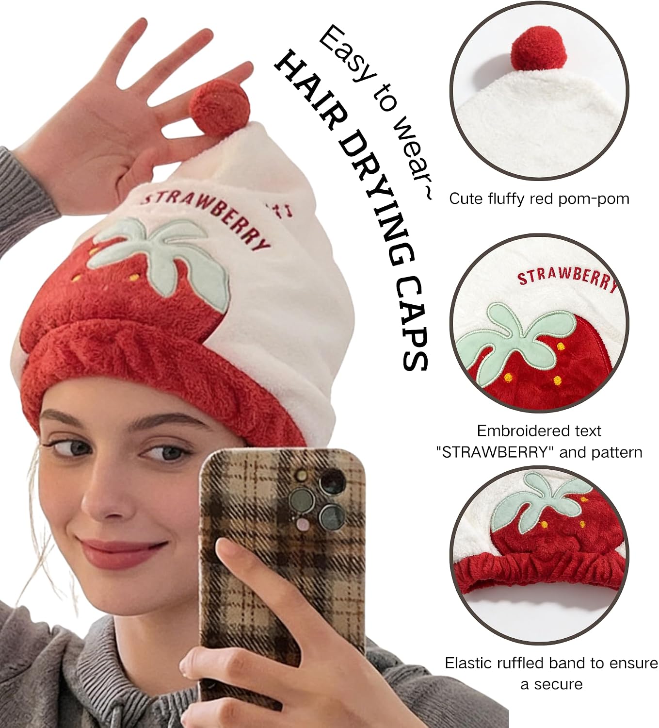 XEF 2Pcs Microfiber Hair Towel Wrap for Women, Hair Drying Cap with Cute Strawberry Pattern,Quick Dry Hair Towel,White