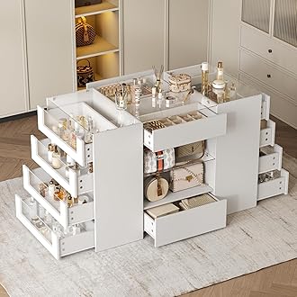Closet Island with Drawers, Wardrobe Armoire Bedroom Island, Glass Display Shelf & 12 Drawers, White Dresser with Glass Top, Walk-in Closet Island for Bedroom, Cloakroom