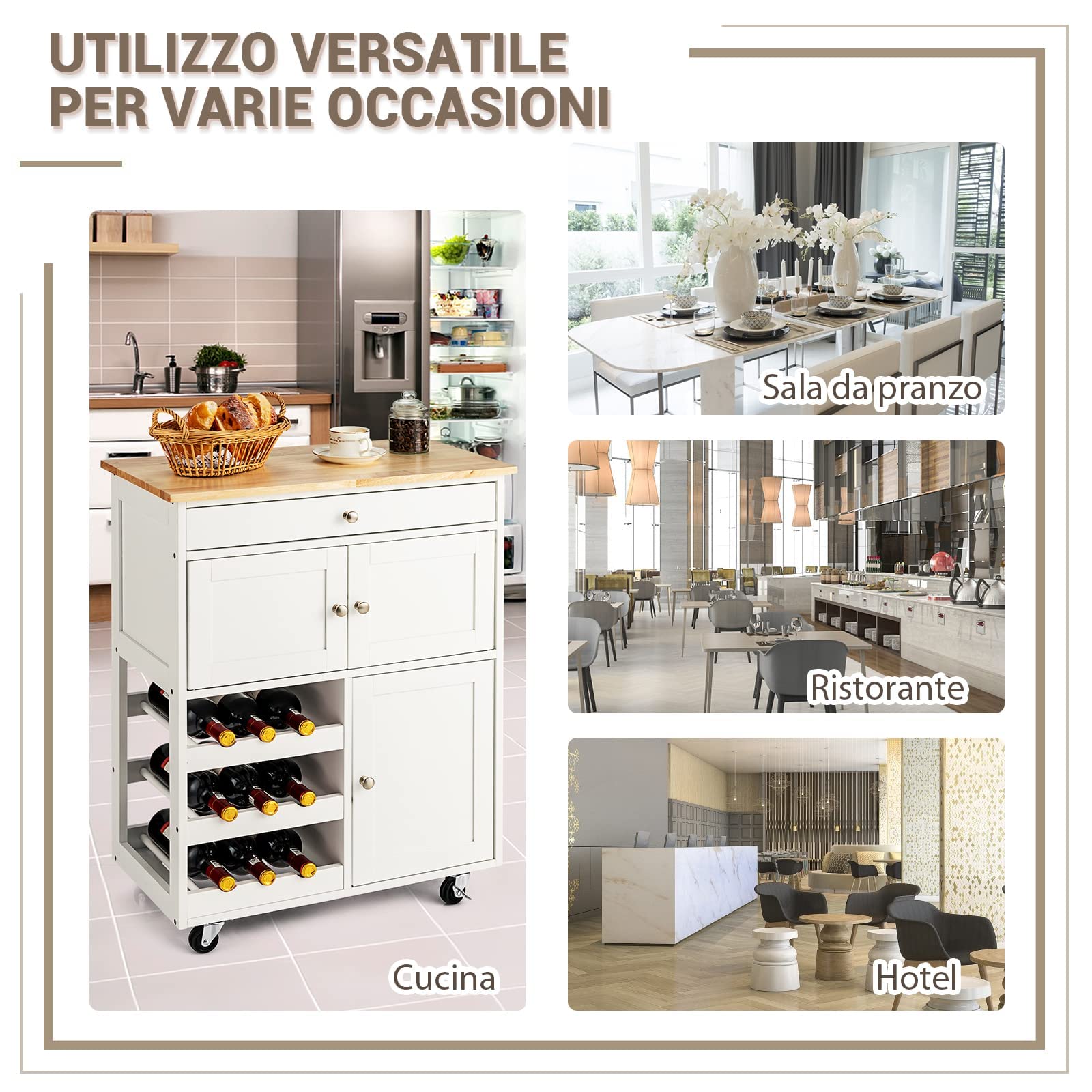 COSTWAY Carrello da Cucina, con Portabottiglie Tre Ante e Ruote, Credenza Cucina in Legno di Pino e MDF, Ideale per Soggiorno, 67 x 37 x 86 cm (Bianco)