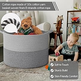 INDRESSME 115L Extra Large Blanket Basket, Cotton Rope Basket for Nursery Living Room, Decorative Woven Storage Baskets with Handles for Dirty Clothes, Toy Bin For Dog Toys, Grey
