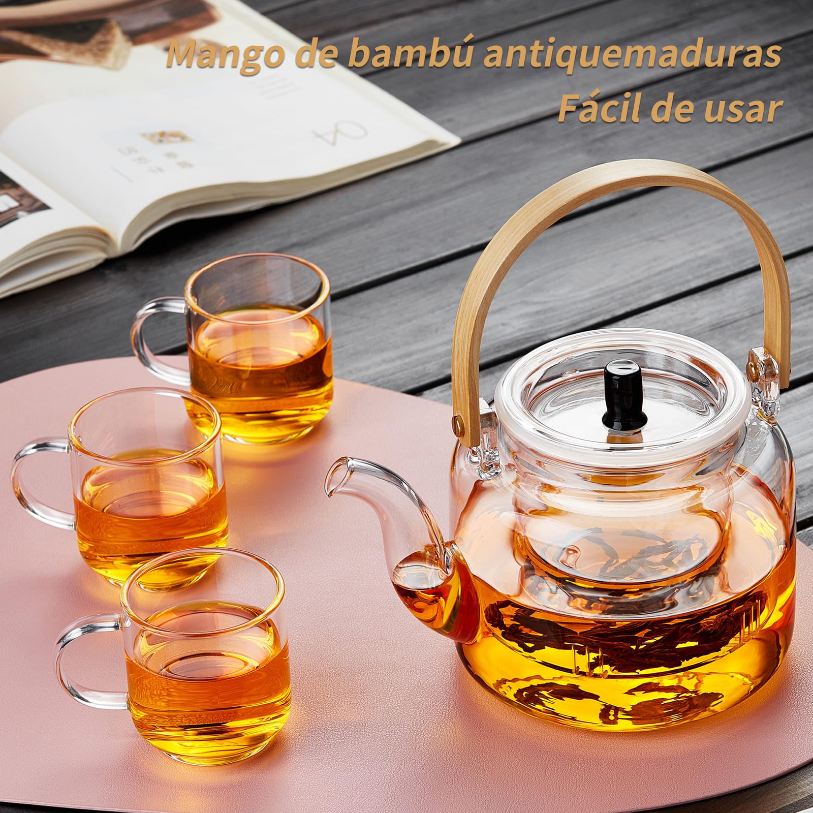 MESNEY Tetera de Cristal 1100ml con Infusor – Juego de Tetera con 4 Tazas – Vidrio de Borosilicato Resistente – Vertido Limpio y Antigoteo