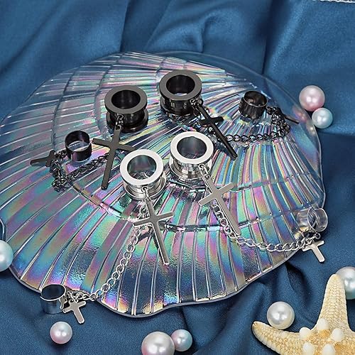 Vista 4 de Longbeauty 2 pares de túneles de oreja cruzados de acero quirúrgico, dilatadores de oreja a la moda, dilatadores expansores, piercings negro