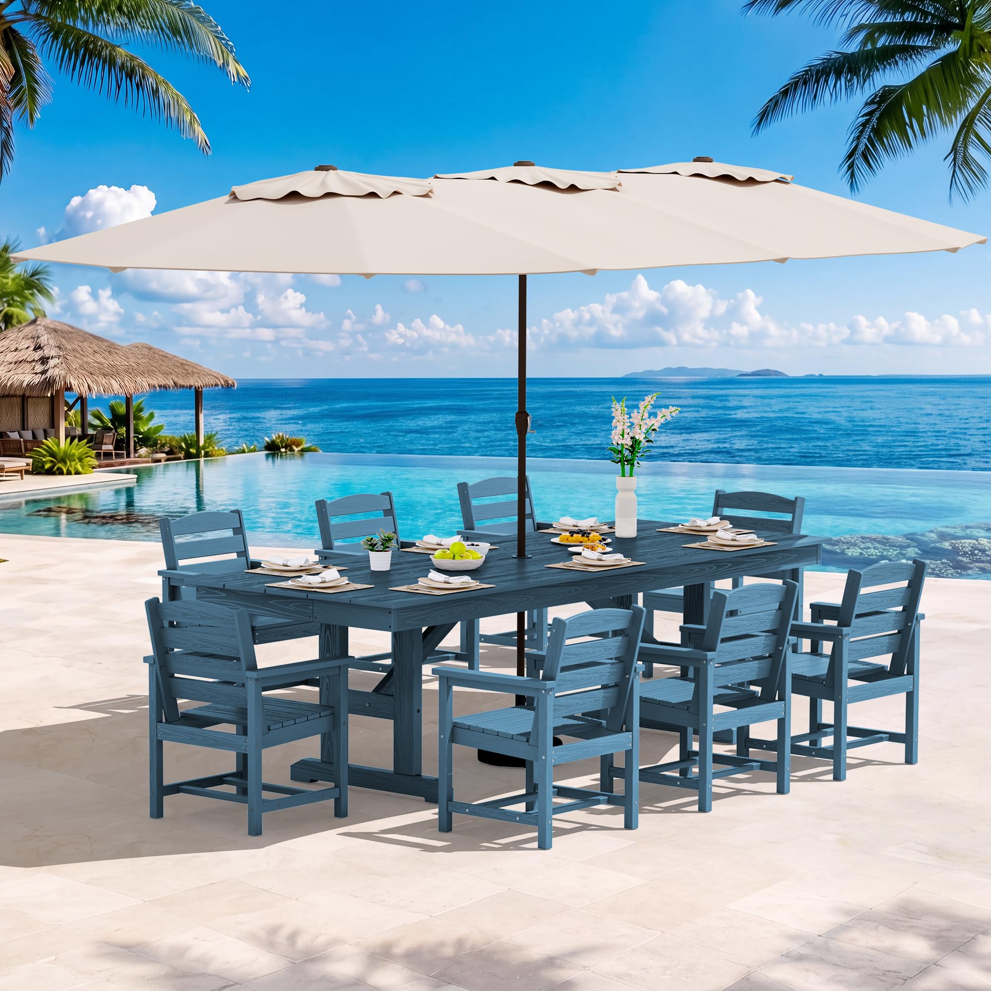 SERWALL 10Pcs 84" HDPE Outdoor Dining Set w/Armchairs &amp; Umbrella,Blue