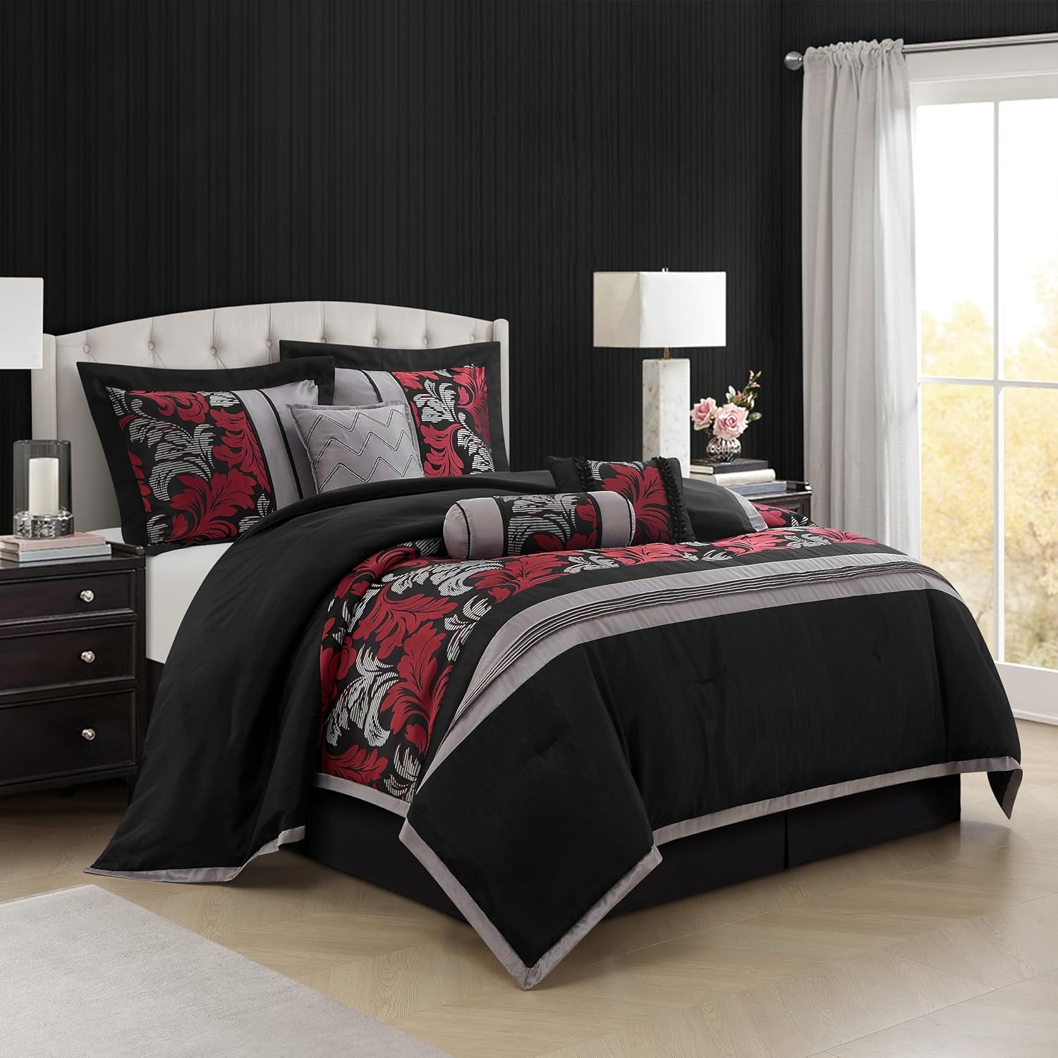 Nanshing Lincoln Collection Bedroom Comforter Set, Complete 7 Piece Set, Red, King (Lincoln-K)