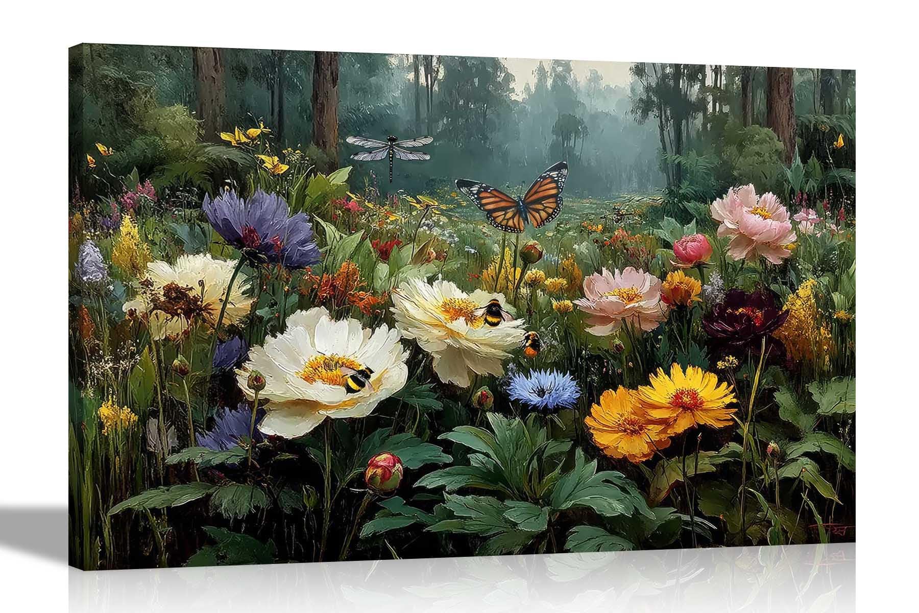 Artley Prints -Flower Field in Forest Butterflies and Bumblebees Canvas Prints Living Room Bedroom Hallway Dining Room Wall Pictures 40 x 30cm (16 x 12 inches) A3