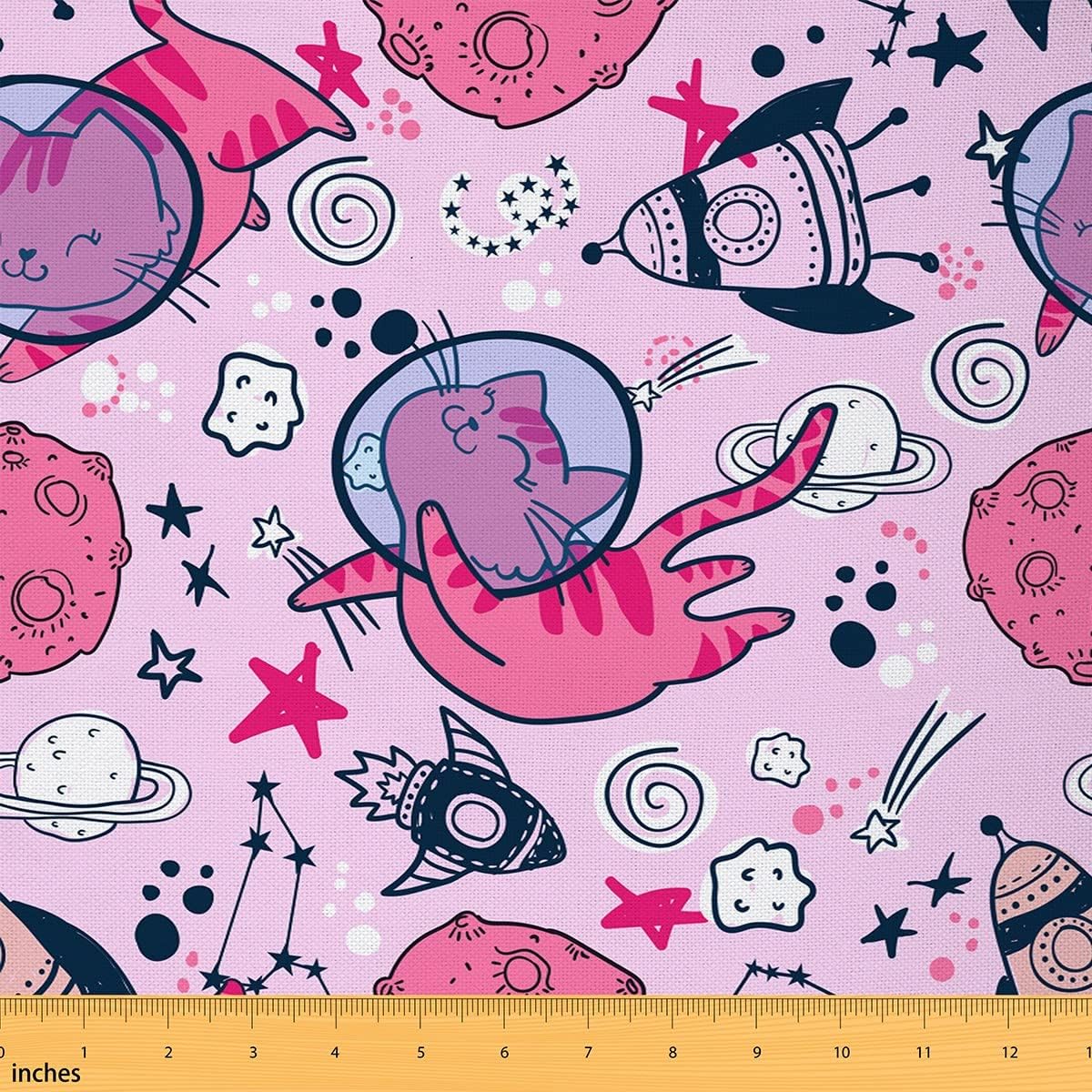 Pink Cute Cats Fabric by The Yard Cartoon Funny