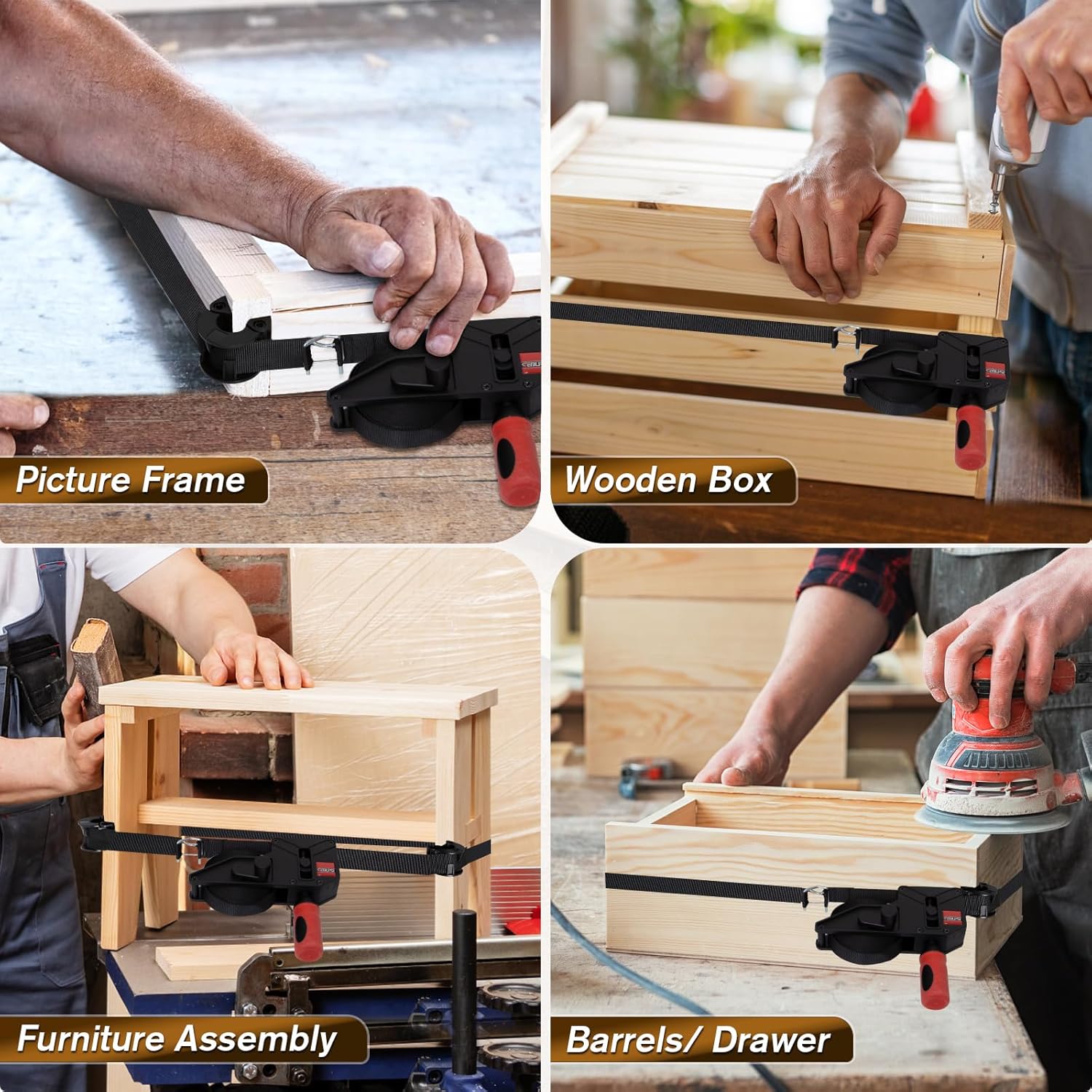 2 Pack Woodworking Band Clamps with 23 ft Variable Angle Strap Clamp, Corner Camp Picture Frame Clamps Fits for Square, Round/Irregular Shaped, Barrel