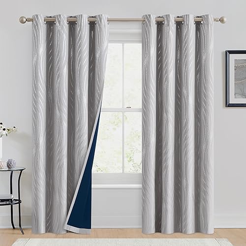 Miniatura 2 de Cortinas 100% opacas, cortinas con patrón de lámina gris y plateada de 84 pulgadas de largo para sala de estar, cortinas metálicas con estampado de