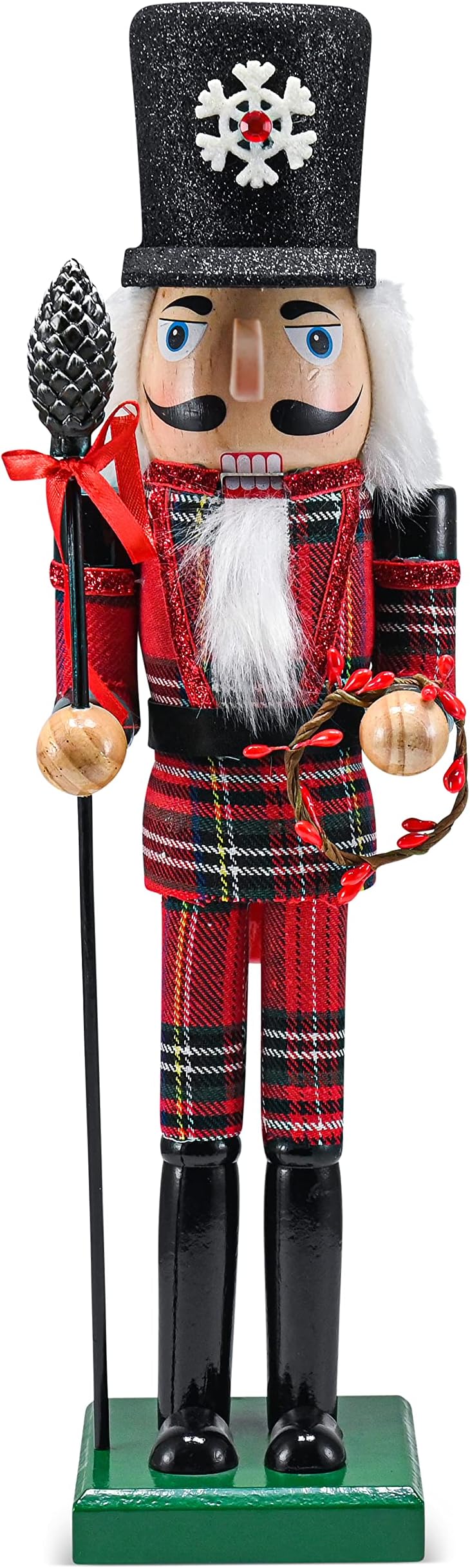 Ornativity Christmas Buffalo Plaid Nutcracker – Red and Black Wooden Nutcracker Soldier with an Acorn Staff and Holly Berries Wreath Xmas Themed Holiday Nut Cracker Doll Figure Decorations 15"