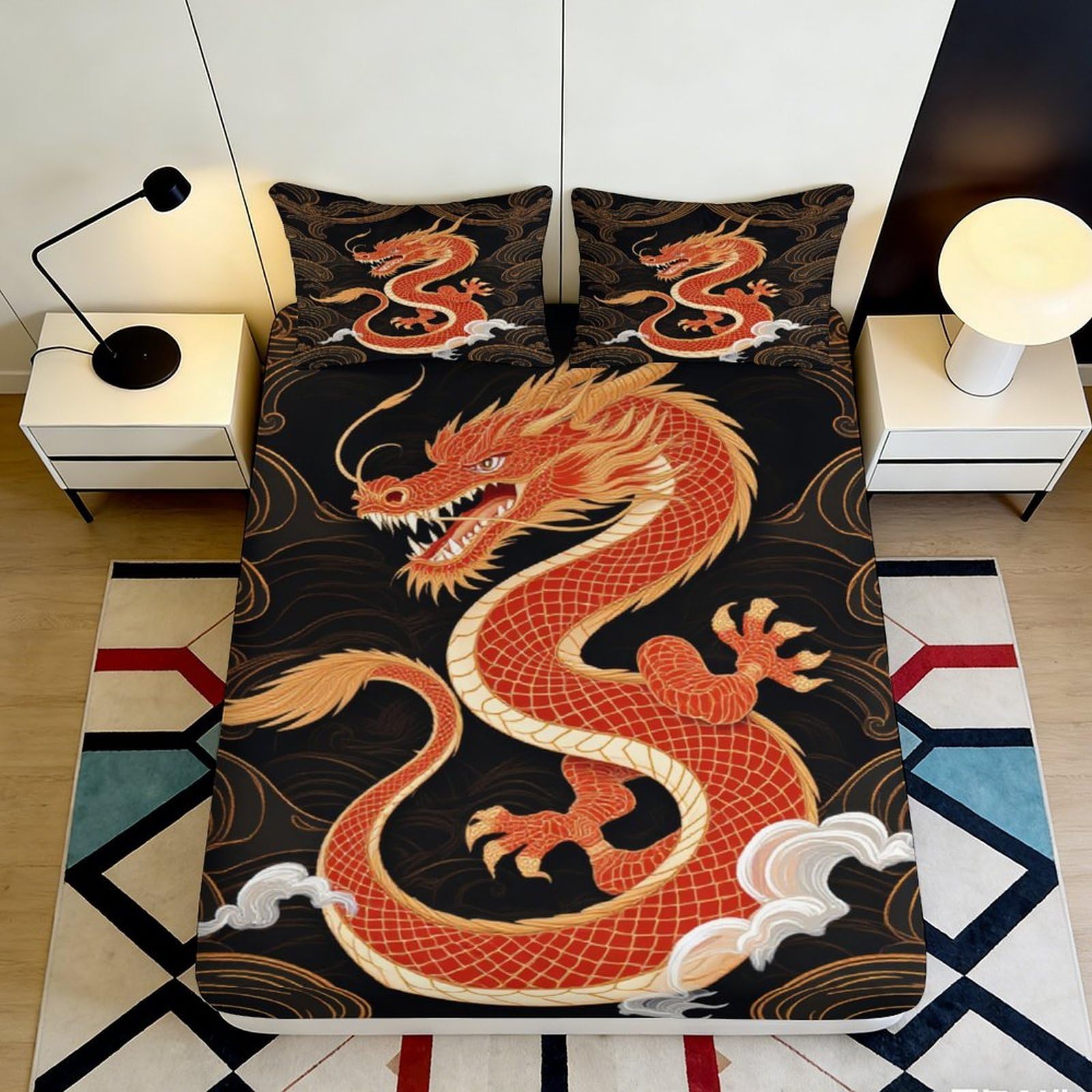 3D Printed Red Dragon Fitted Sheet Microfiber Soft Black Oriental Cloud Bed Cover Non-slip Machine Washable for Bedroom 90x200x25cm