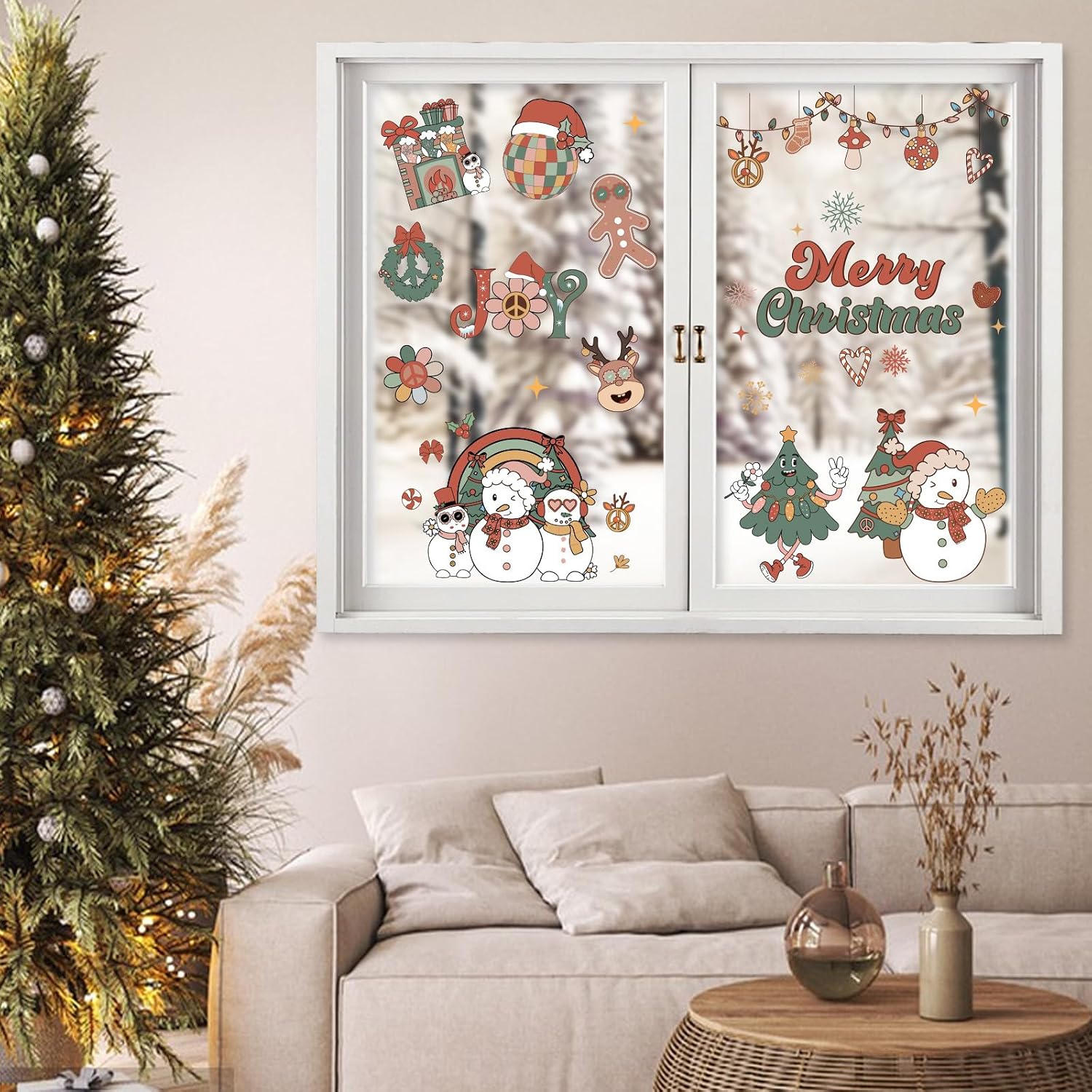 Christmas Window Decoration 6pcs Groovy Christmas Window Stickers Decor Retro Xmas Window Decals for Winter Holiday New Year Family Gathering Baby Shower Bridal Shower