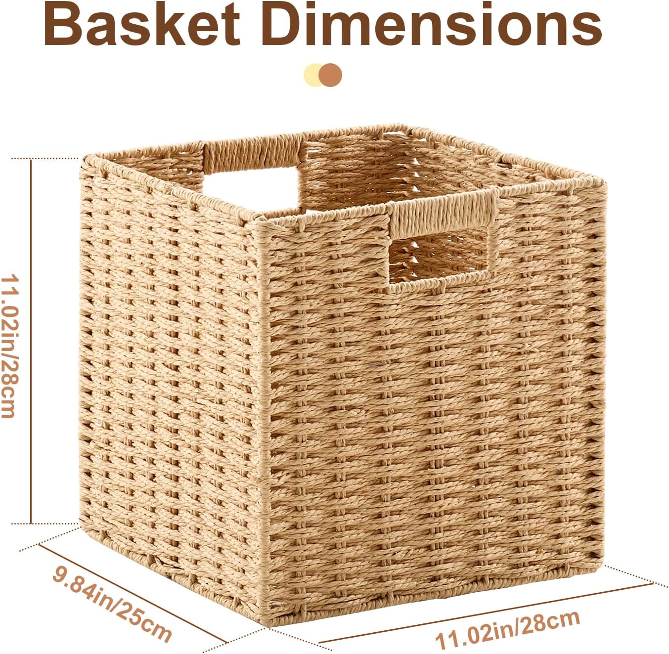 Paper Rope Storage Baskets Set of 4, 11×9.8×11 Inch Foldable Wicker Cube Storage Bins with Metal Frame for Pantry, Bedroom and Home Décor, Natural Color