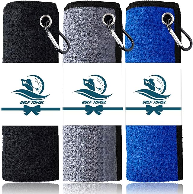 FINGER TEN 3 Pack Golf Towels Microfiber Waffle Pattern Tri-Fold 16x16with Heavy Duty Carabiner Clip, Golf Cleaning Towel Superior Water Absorption and Quick Dry (Multicolor)
