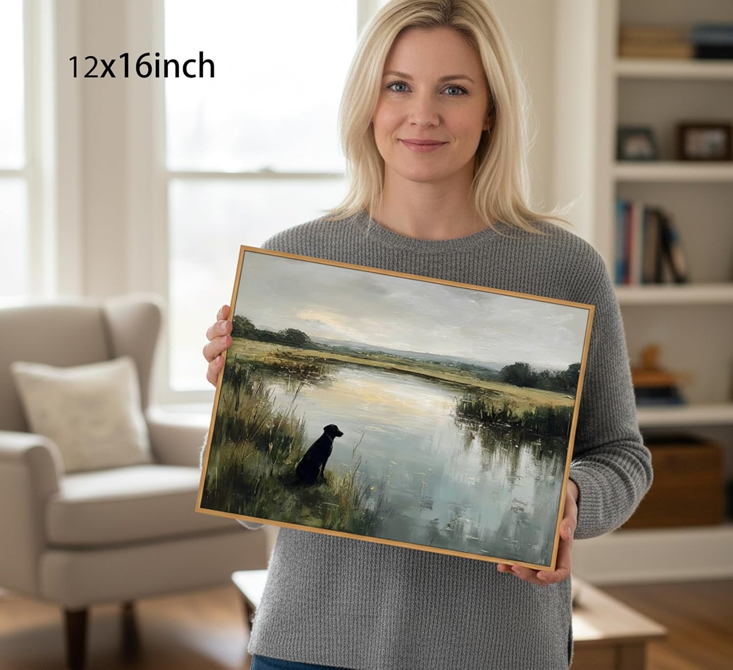 Framed Vintage Black Labrador Wall Art Farmhouse Landscape Canvas Poster Print Hunting Black Dog Picture Retro Animal Painting Artwork Wall Decor for Bedroom Living Room Bathroom 12x16in