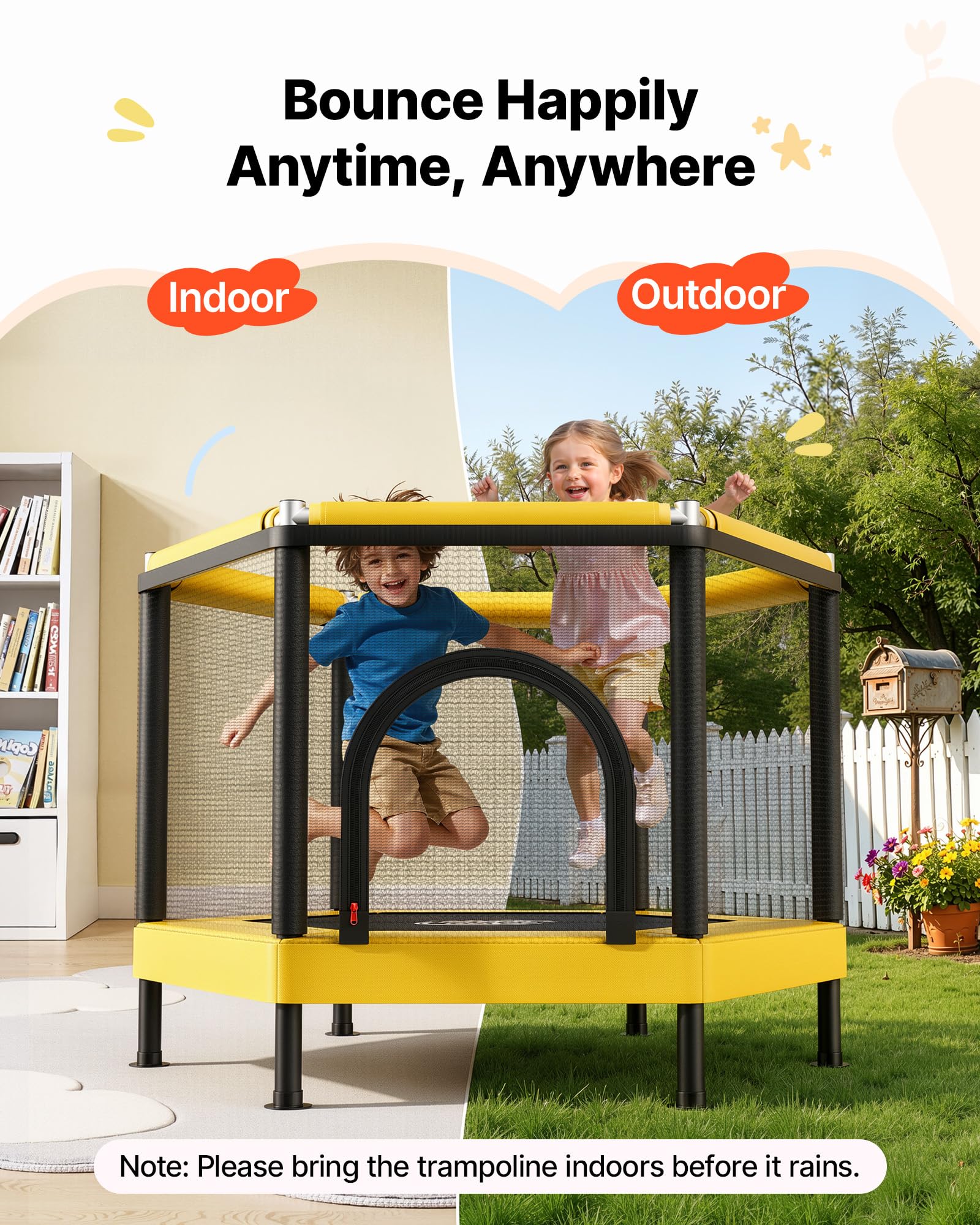 VEVOR Trampolino Elastico da Interno per Bambini Carico Dinamico 60 kg, Mini Trampolino con Rete di Protezione Giocattolo da Interno con Canestro da Basket Forma a Esagonale Tappeto Elastico in PP