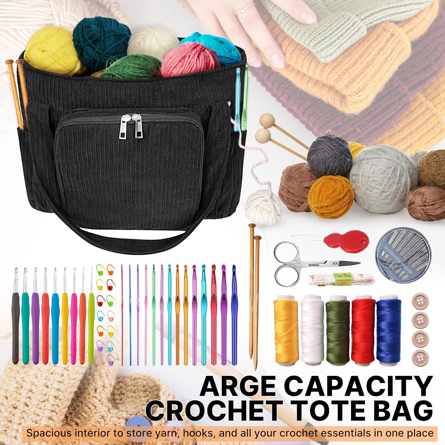 ORKELS Large Corduroy Crochet Tote & Yarn Bag – Portable Organizer for Yarn, Hooks & Accessories – Ideal Gift for Crocheters, Black