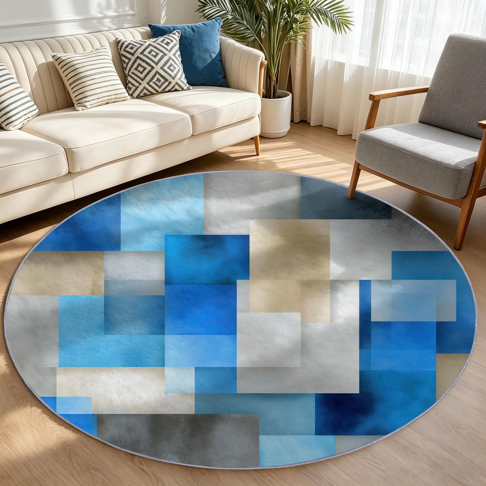Tappeto rotondo blu, 180 cm, motivo a quadri, moderno, senza tempo