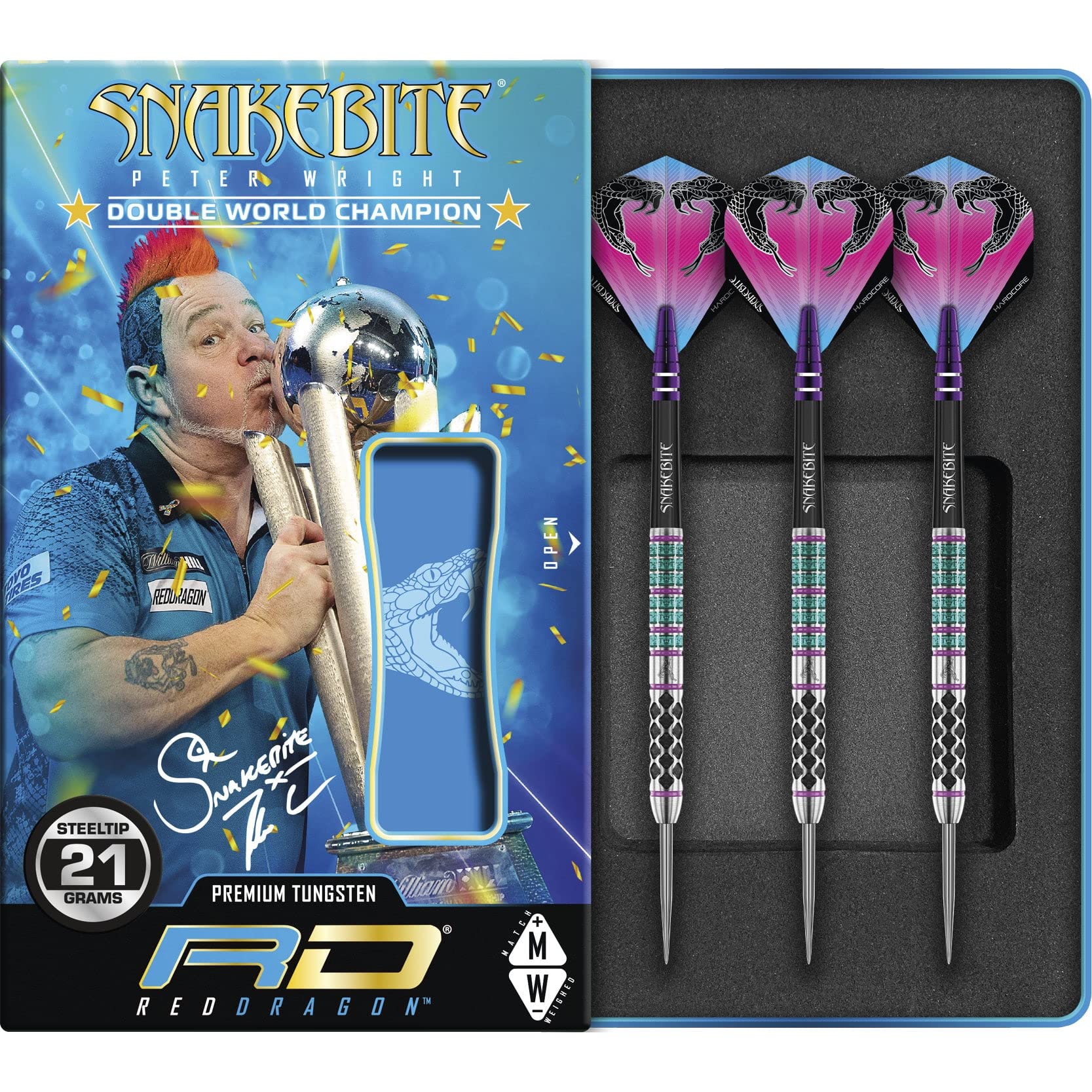 RED DRAGON Peter Wright Snakebite Supa-Venom Premium Tungsten Darts Set with Flights and Stems