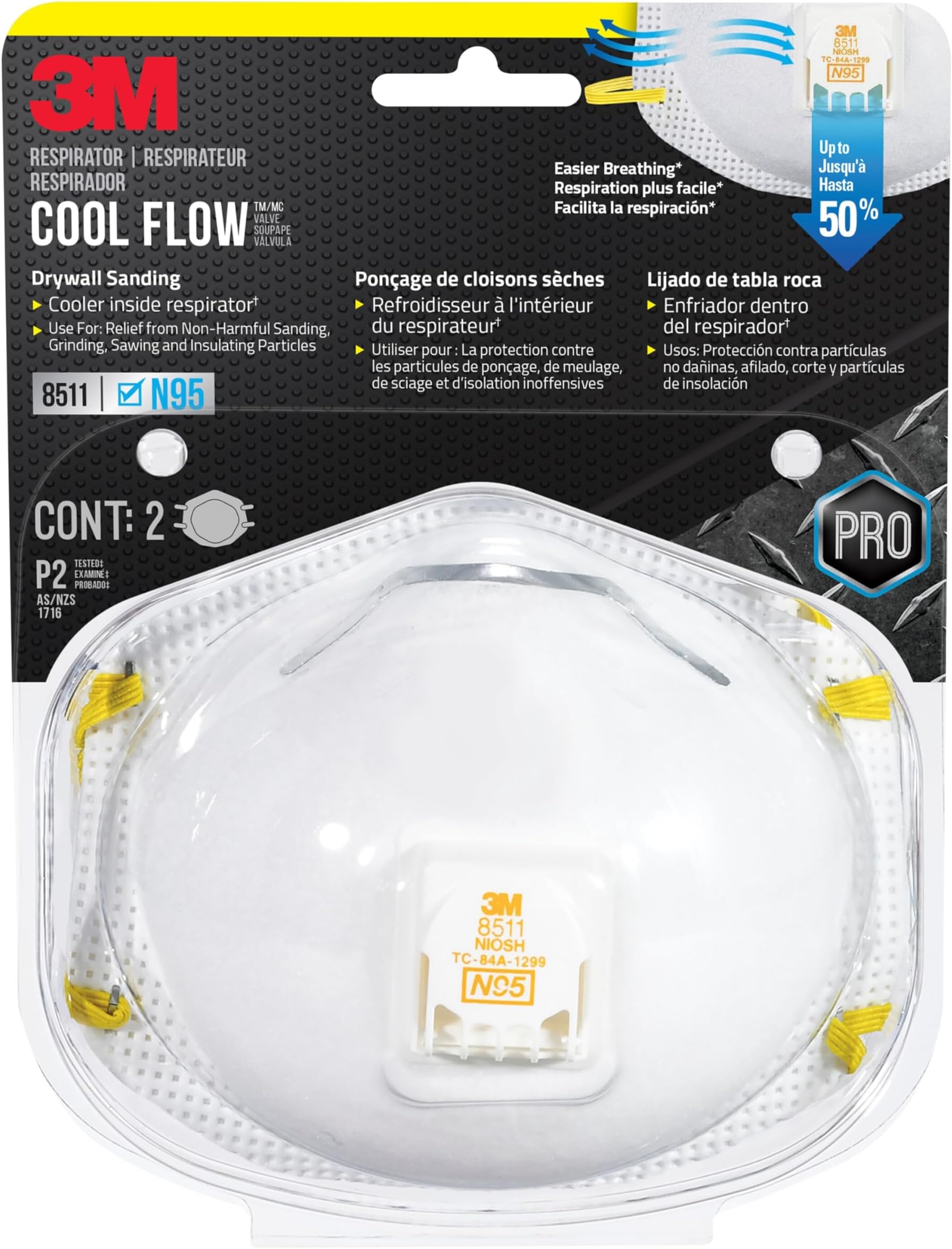 N95 Respirator 8511, 2 Pack, Features 3M COOL FLOW Exhalation Valve, NIOSH-APPROVED N95, Advanced Filter Media For Easy Breathing, Lightweight, Comfortable Design For Longer Wear (8511DA1-2A-PS)