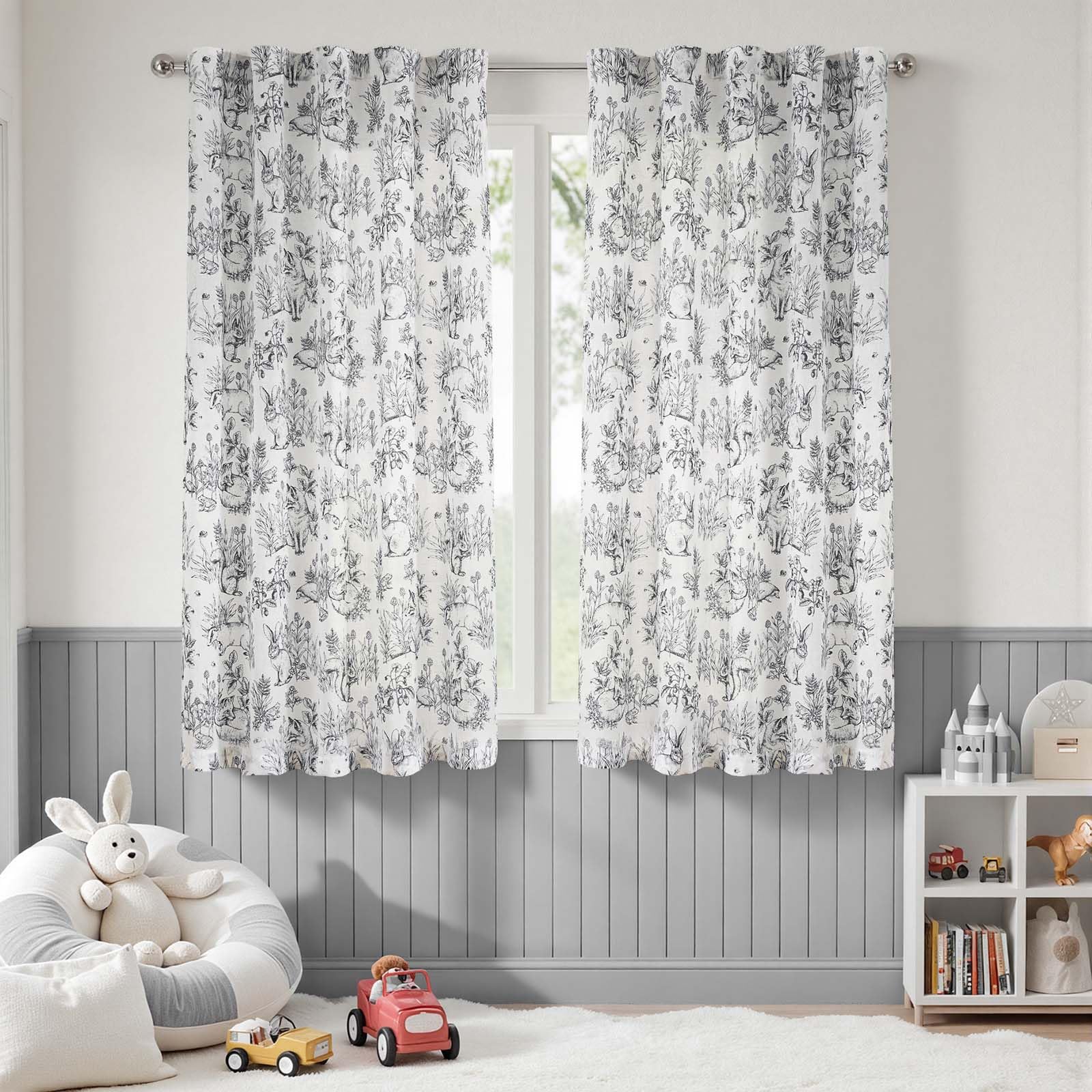 jinchan Linen Nursery Curtains 63 inch Long Woodland Wildlife Black Print Drapes for Kid's Room Light Filtering French Country Farmhouse Curtains with