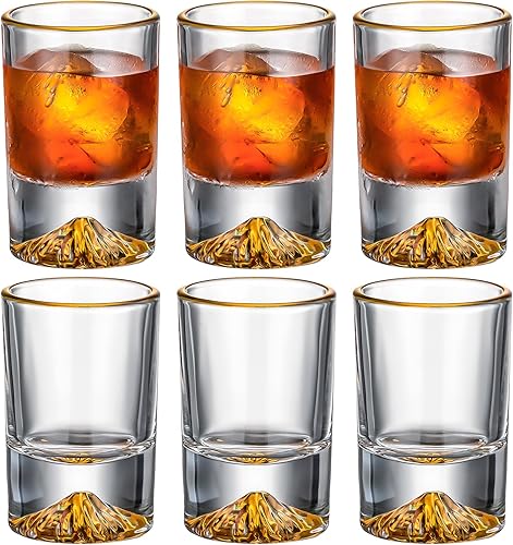 Juego de vasos de chupito de 1.5 onzas con base de montaña Gold Peaks, paquete de 6 vasos de chupito transparentes a granel con borde dorado para