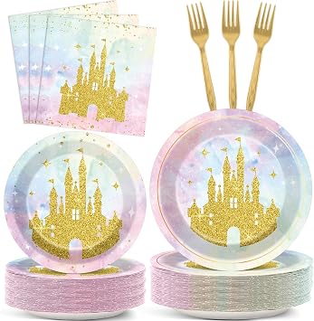 Justforjoyful 200Pcs Princess Castle Birthday Party Supplies Watercolor Pastel Rainbow Plates and Napkins Gold Glitter Tableware Set for Fairytale Baby Shower Party Decorations for 50 Guests