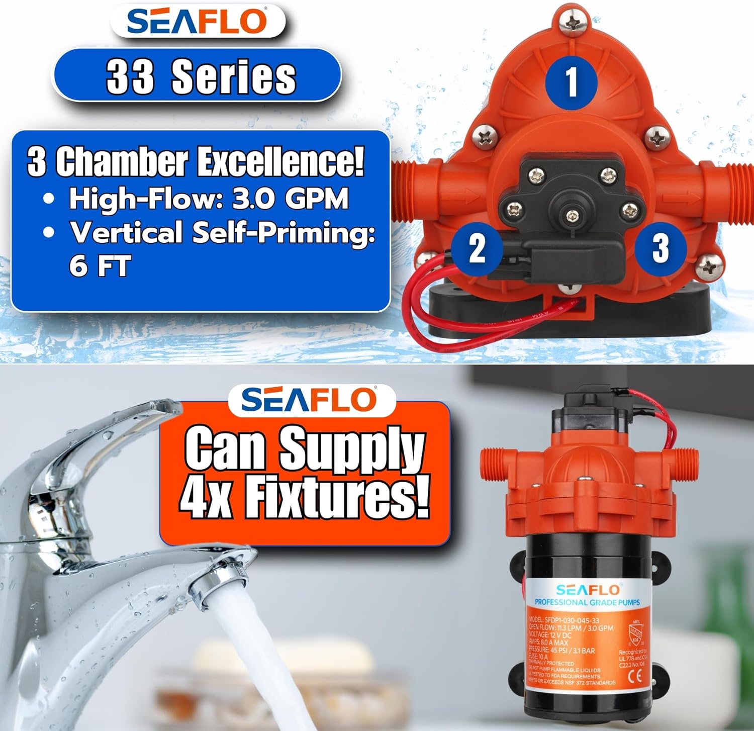 SEAFLO 33 Series DC Diaphragm Pump – 4-Year Warranty! 12V, 3.0 GPM, 45 PSI, Self-Priming, Run Dry Safe, Built-In Pressure Switch | Ideal for Marine, RV, and Water Systems