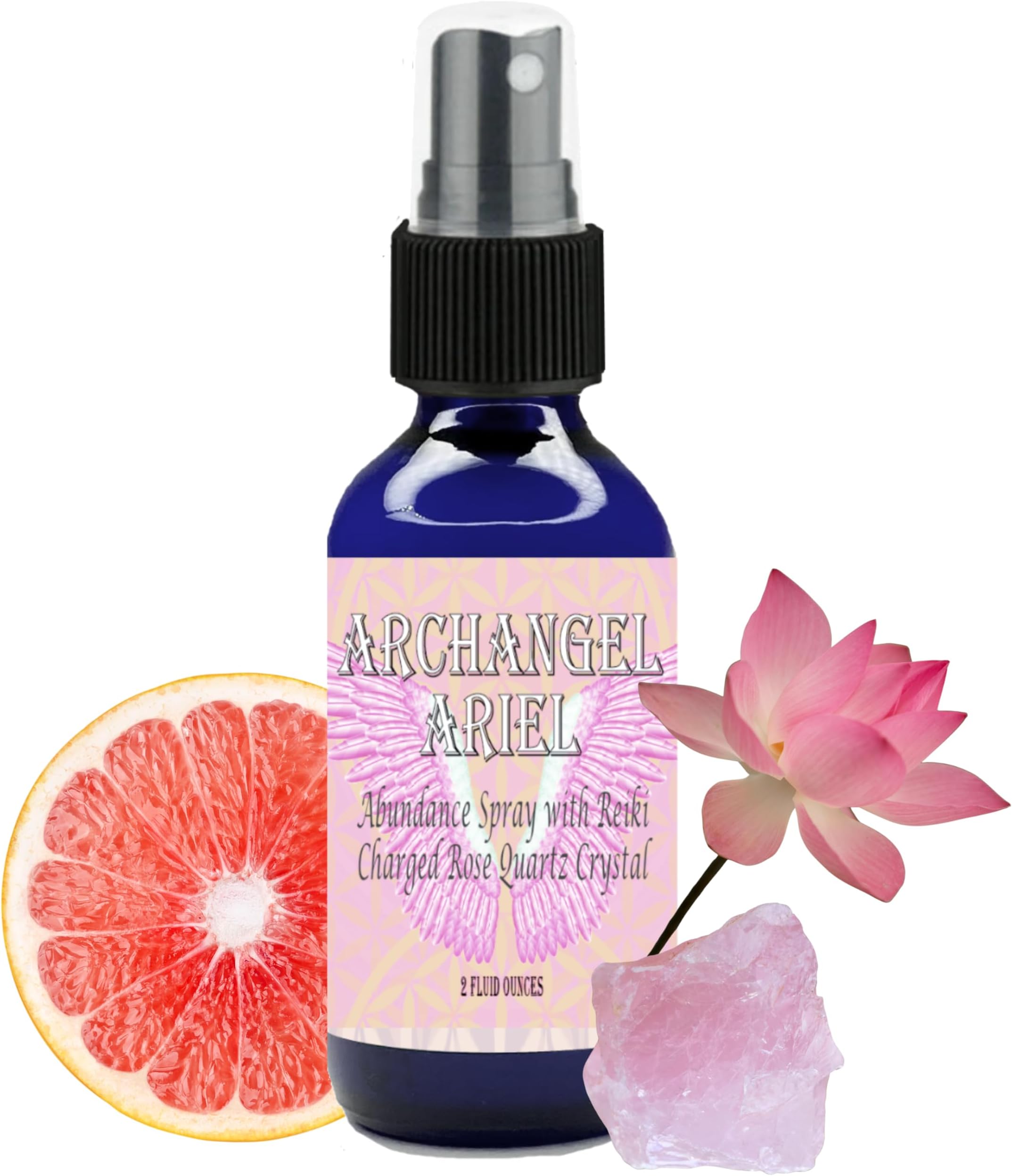 Archangel Ariel Abundance Spray with Reiki Charged Rose Quartz Crystal in a 2 Ounce Glass Bottle