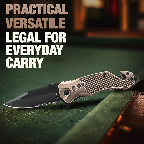 Vista 45 de Navaja de bolsillo legal con hoja dentada de 2.95 pulgadas, rompedor de vidrio, cortador de cinturón de seguridad, cuchillos plegables afilados EDC