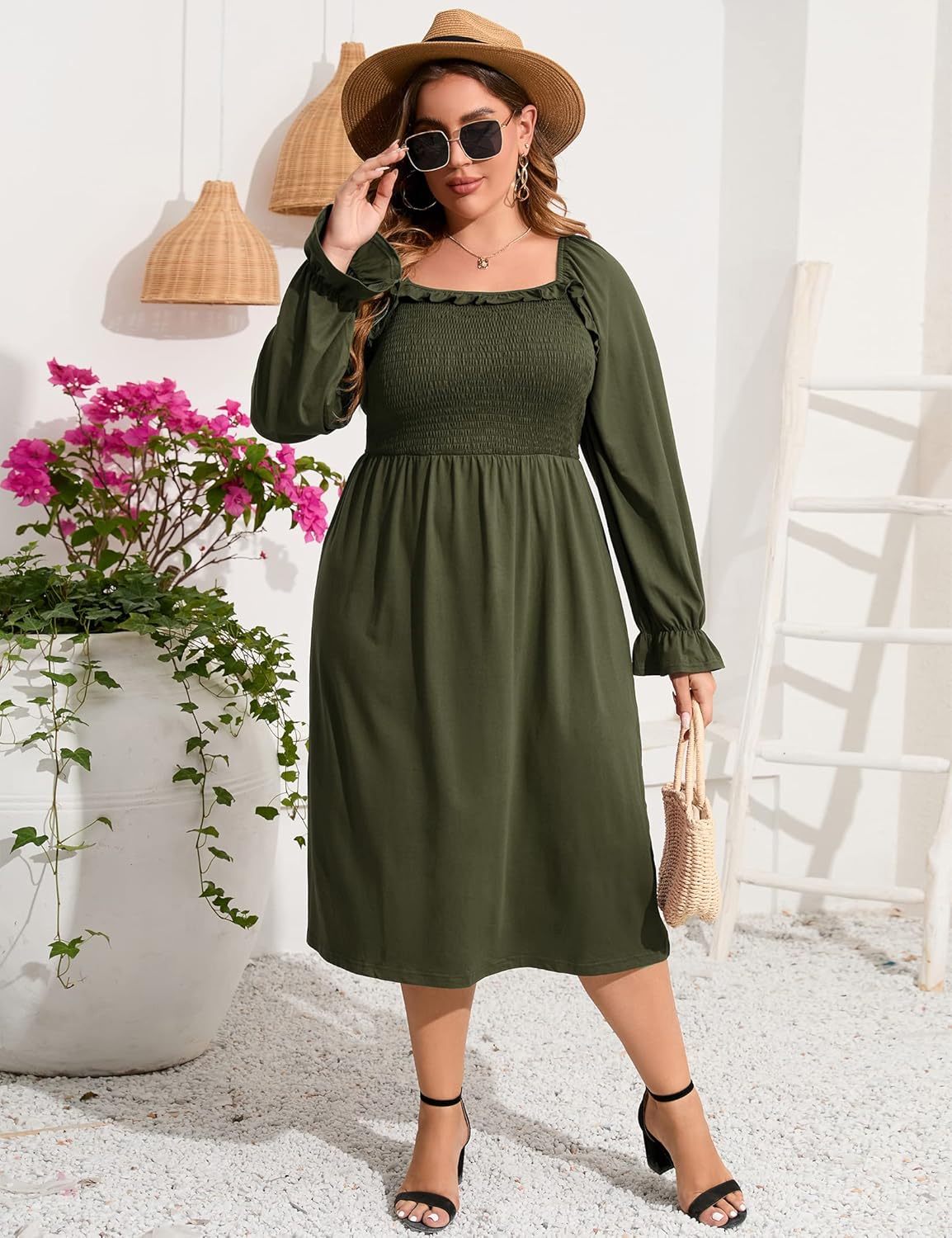 KOJOOIN Women's Plus Size Ruffle Long Sleeve Dress Square Neck High Waist Smocked Tunic Maxi Dress Maternity Dress Dark Green 3XL