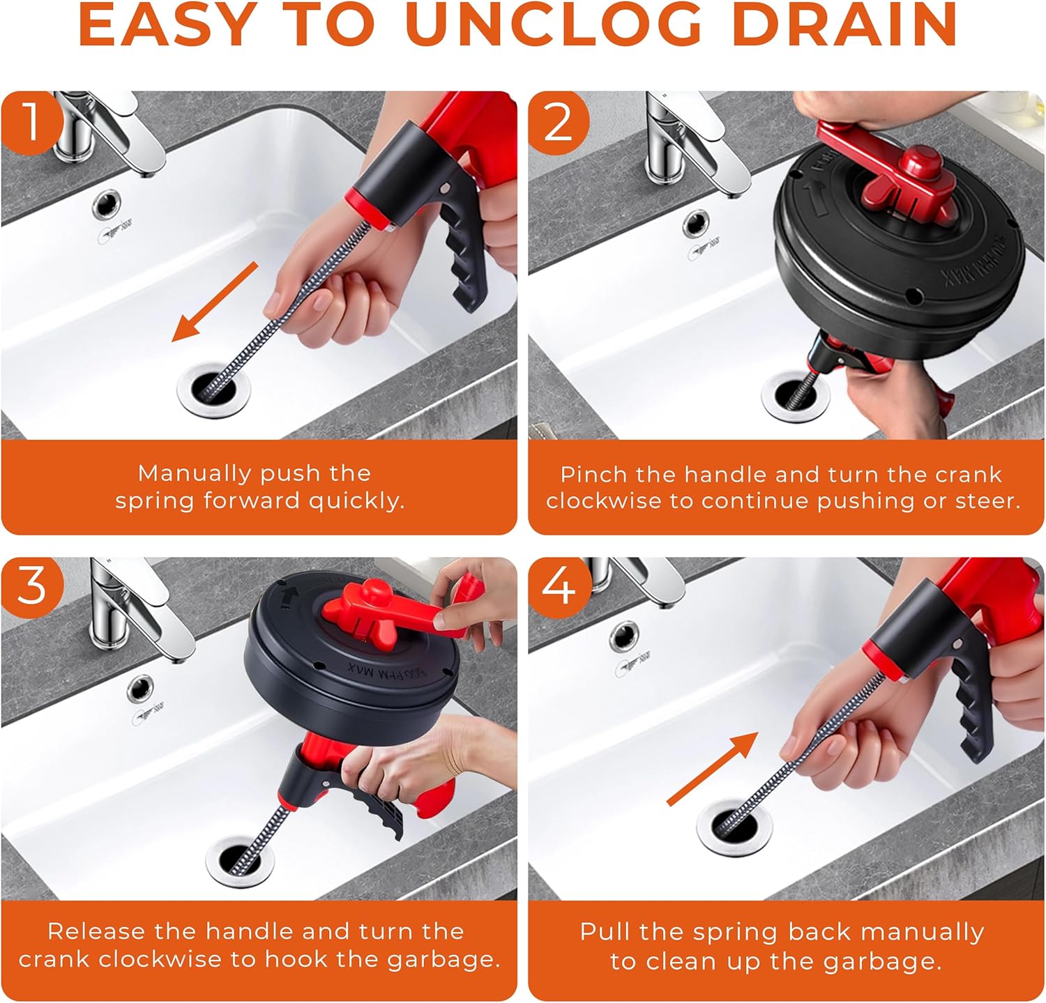 Drain Auger 25Ft Plumbing Snake Drain Snake, Toilet Auger Toilet Snake Drain Clog Remover, Hair Clog Remover with Drill Adapter for Kitchen Bathroom Shower Sink