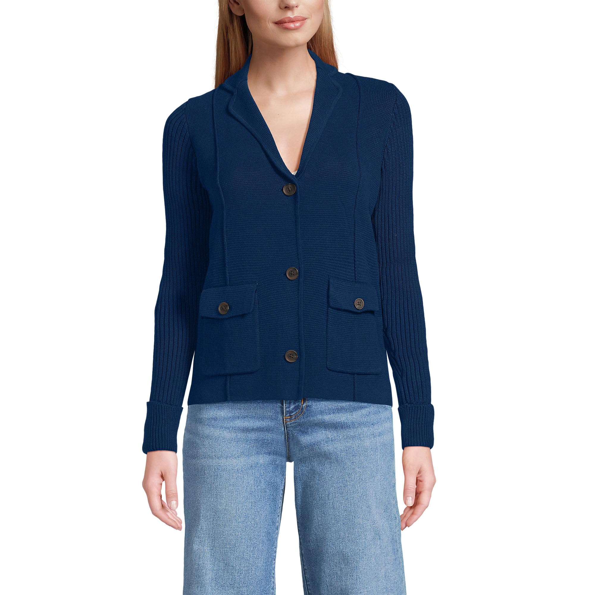 Lands End Womens Drifter Ribbed Collared Blazer Sweater