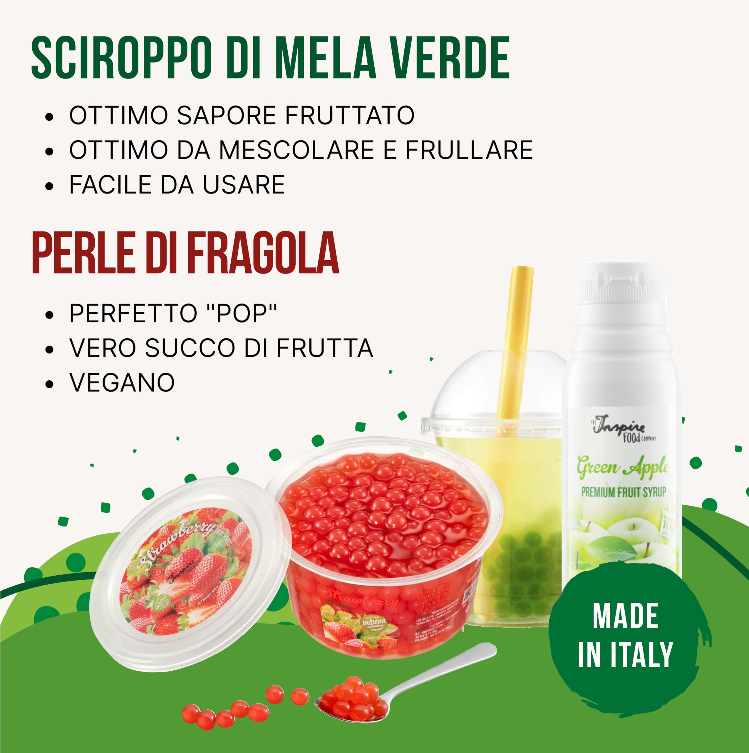 POPPING BOBA SET per Bubble Tea - 1x Popping Boba alla Fragola 450 g, 1x verde Sciroppo di frutta alla Mela verde 300ml & 2x Canucce - nessun colorante artificiale, 100% vegan e senza glutine