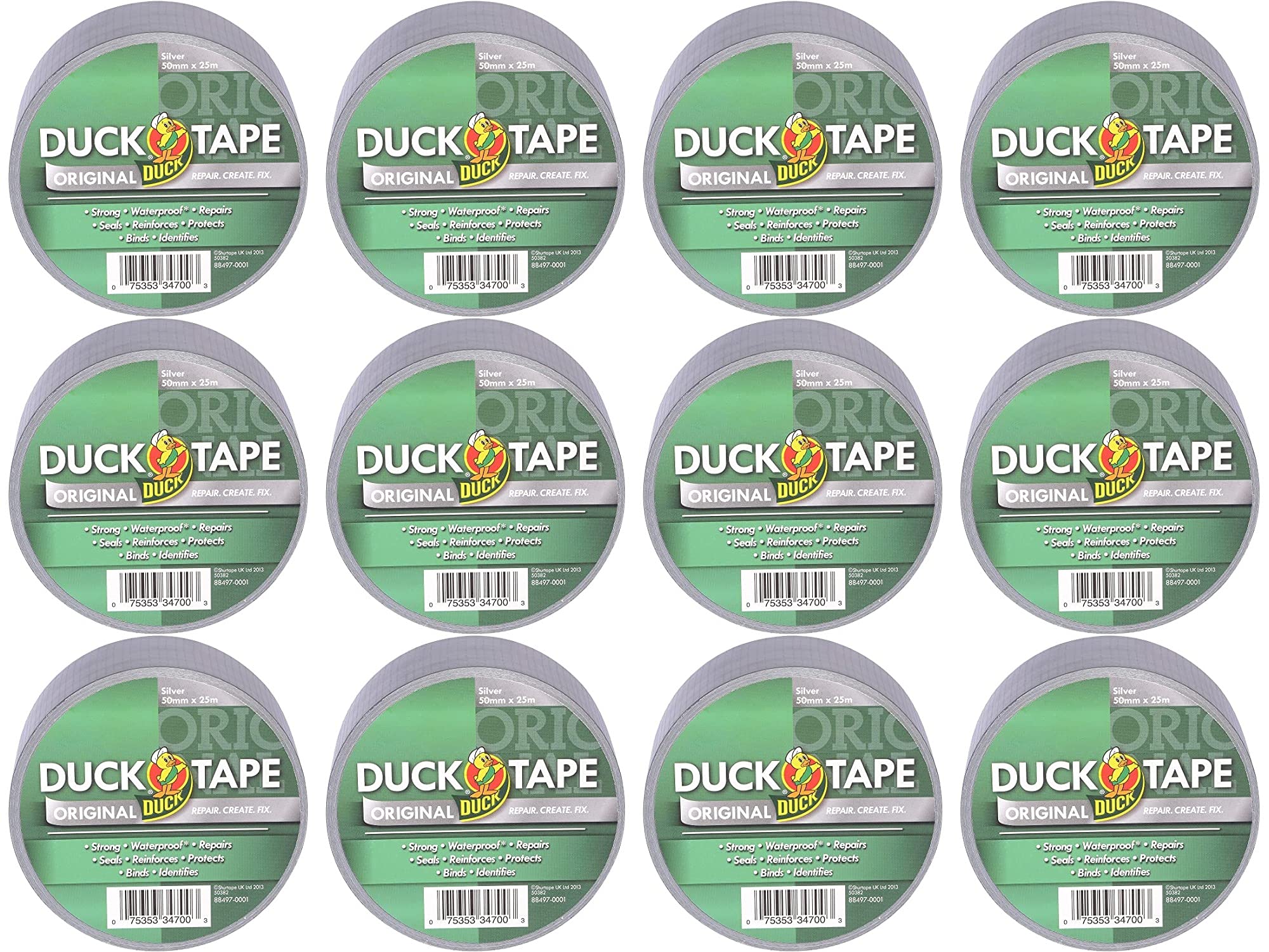 Duck Cinta original plateada, 50 mm x 25 m, 12 unidades