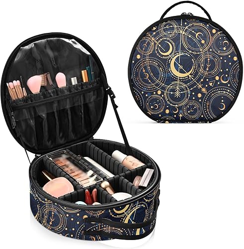 Miniatura 2 de Moon Star Bohoo - Bolsa de cosméticos para mujer, bolsas redondas de maquillaje de viaje con divisores ajustables, bolsa de almacenamiento portátil